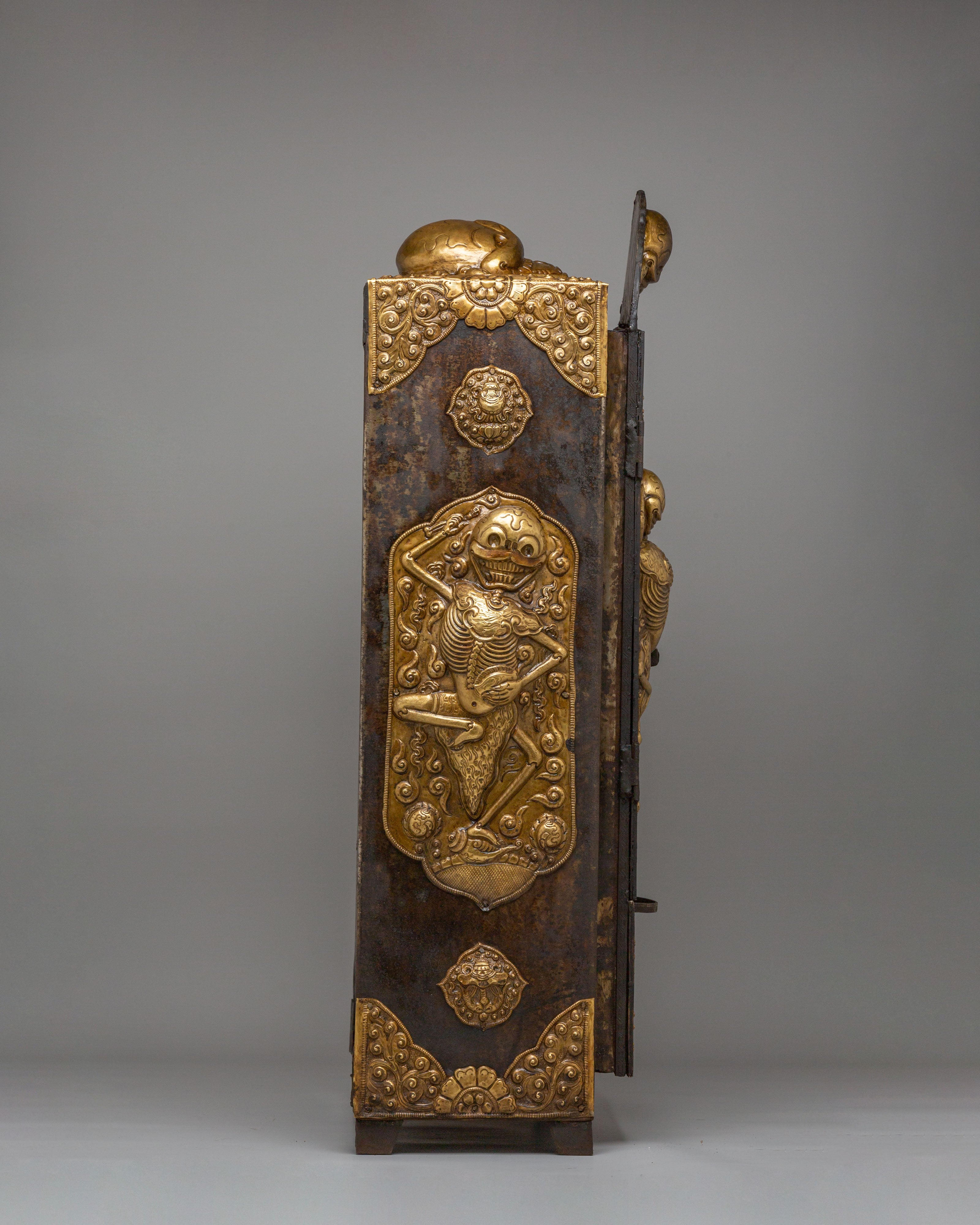 Buddhist Chitipati Altar Box | Brass and Iron Tibetan Ritual Cabinet