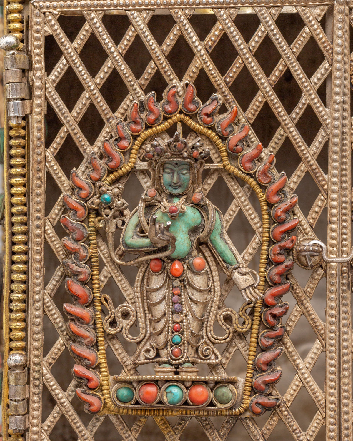 Buddhist Ghau Box with Deity Carvings | Silver Sacred Shrine