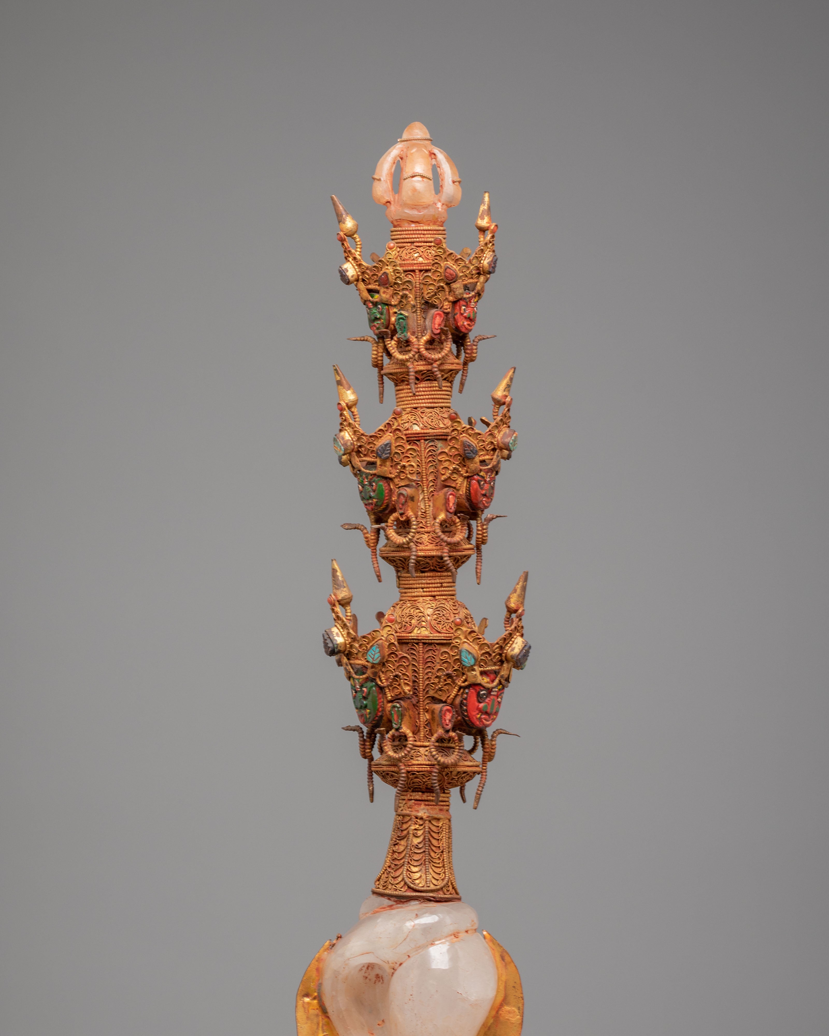 Scared Buddhist Ritual Dagger | Gold Plated Copper Filigree Phurba