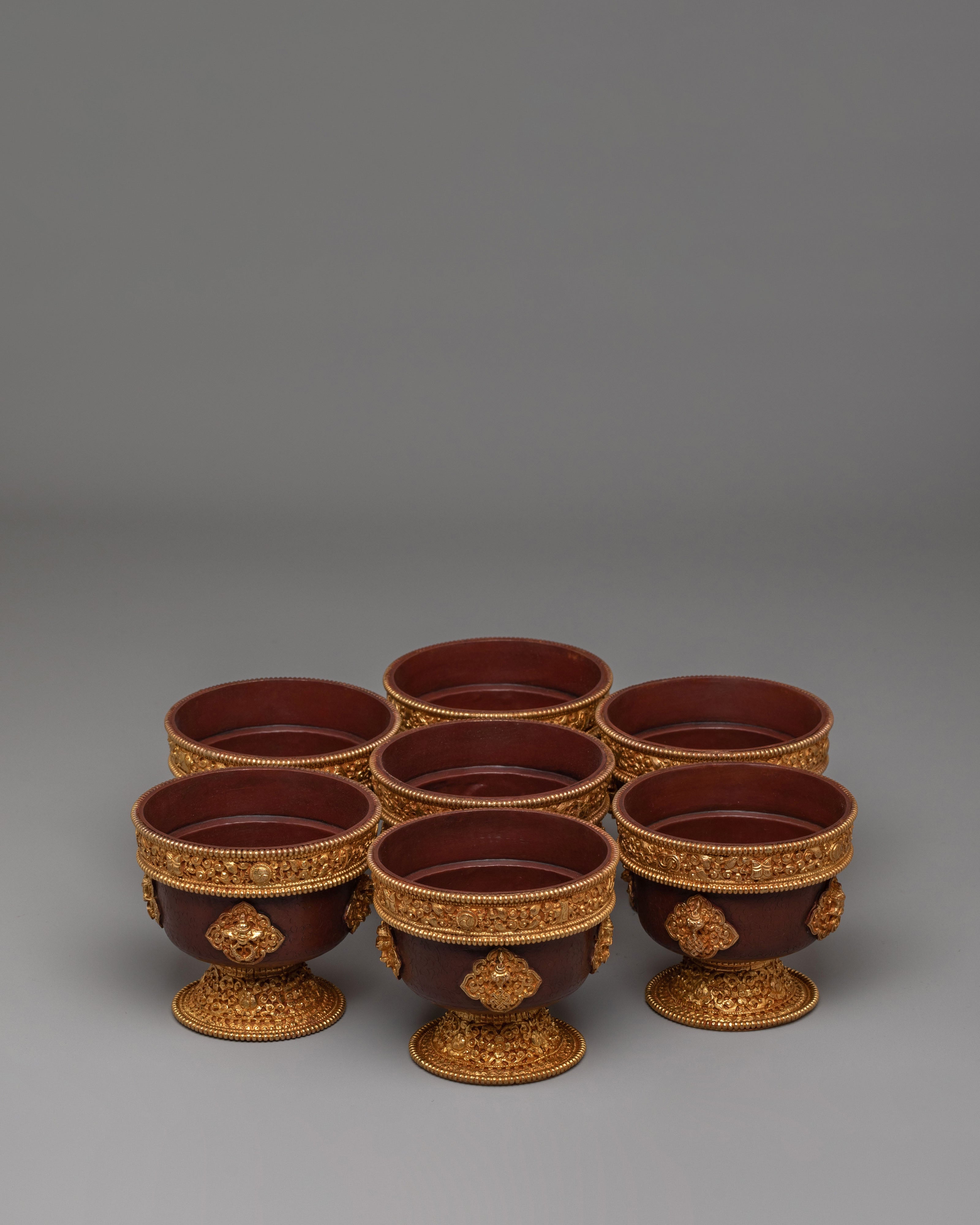Himalayan Buddhist Offering Bowls | Copper Offering Bowl Set with Gold Finish