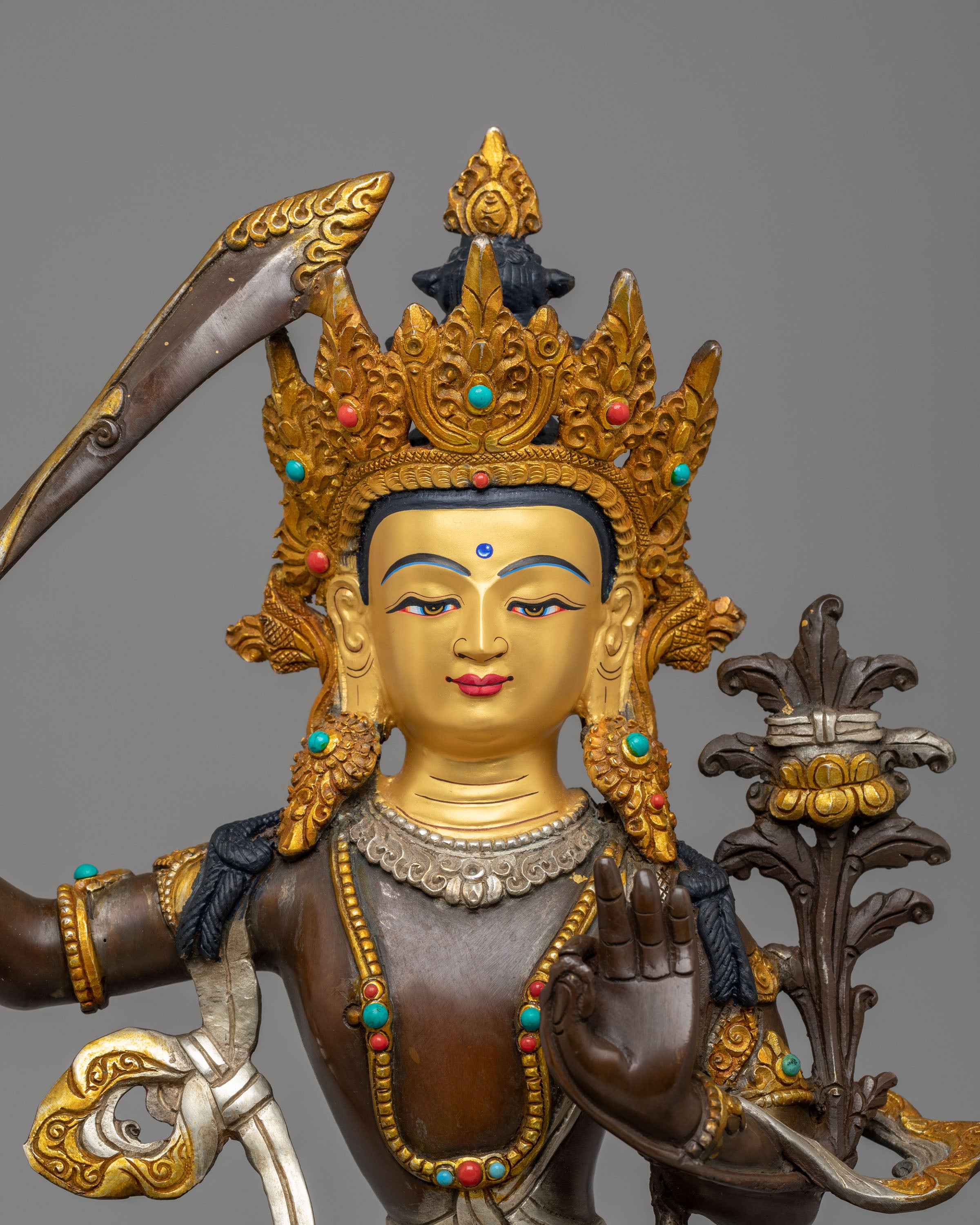 Tibetan Manjushri Sculpture | Gold Plated Buddhist Art