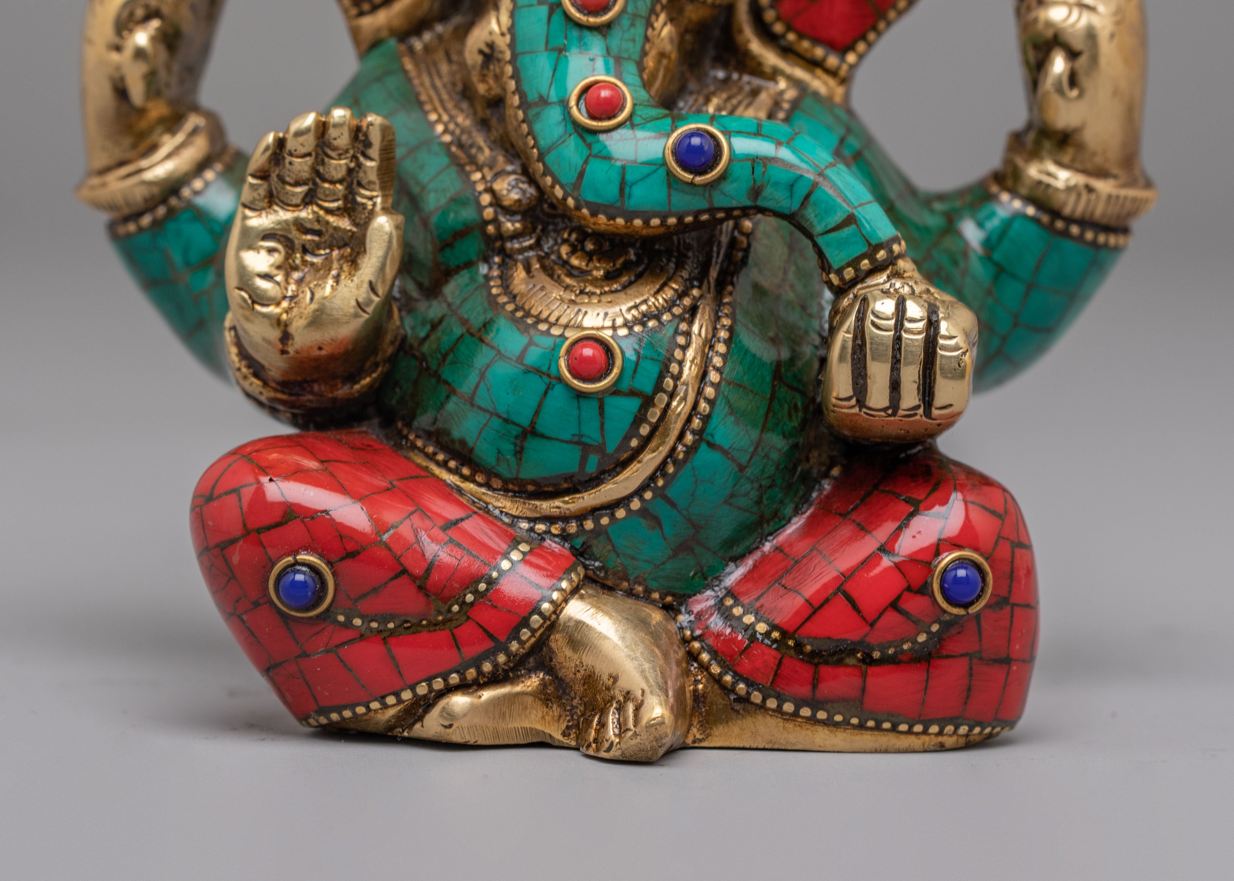 Turquoise Ganesha Statue | Handcrafted Gemstone Brass Hindu Deity Sculpture