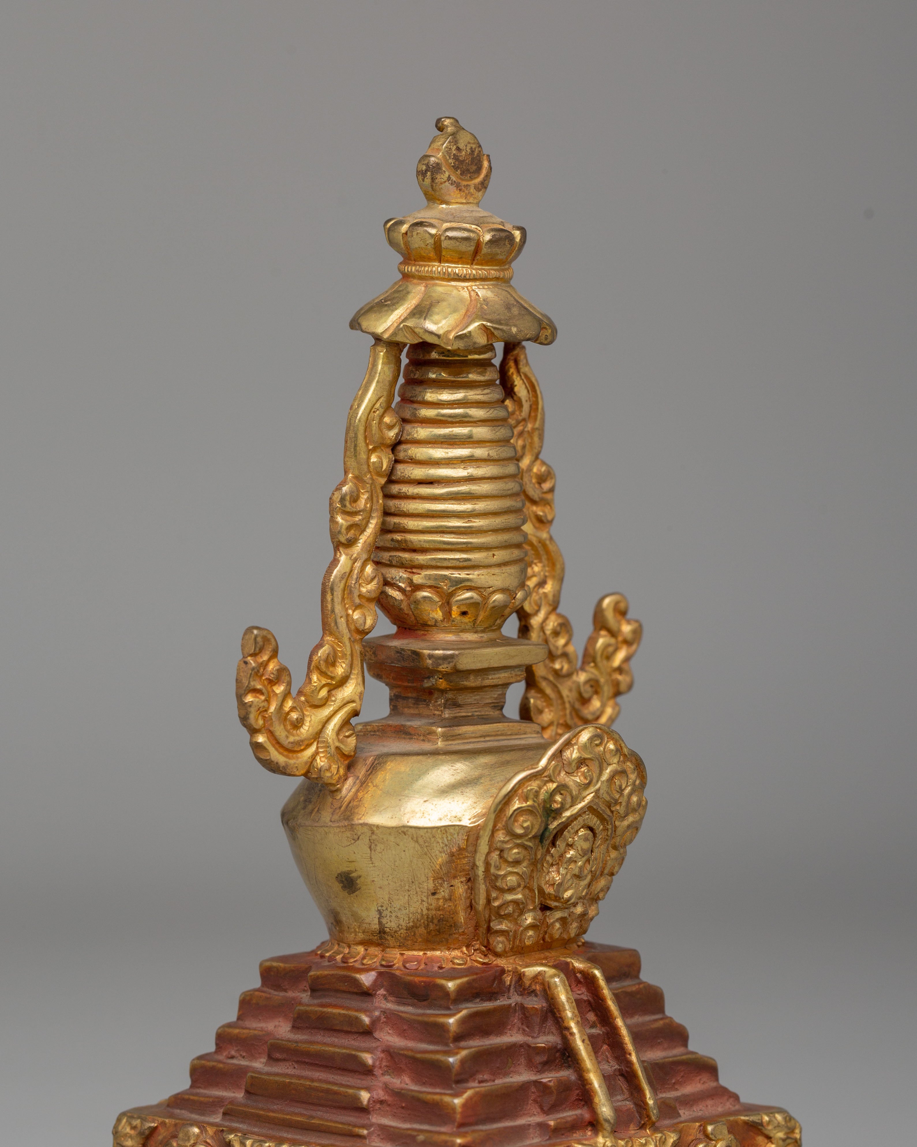 Handmade Descent from Heaven Stupa | Gold Plated Tibetan Stupa for Meditation