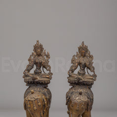 Green Tara On Elephant Statue Set for Altar