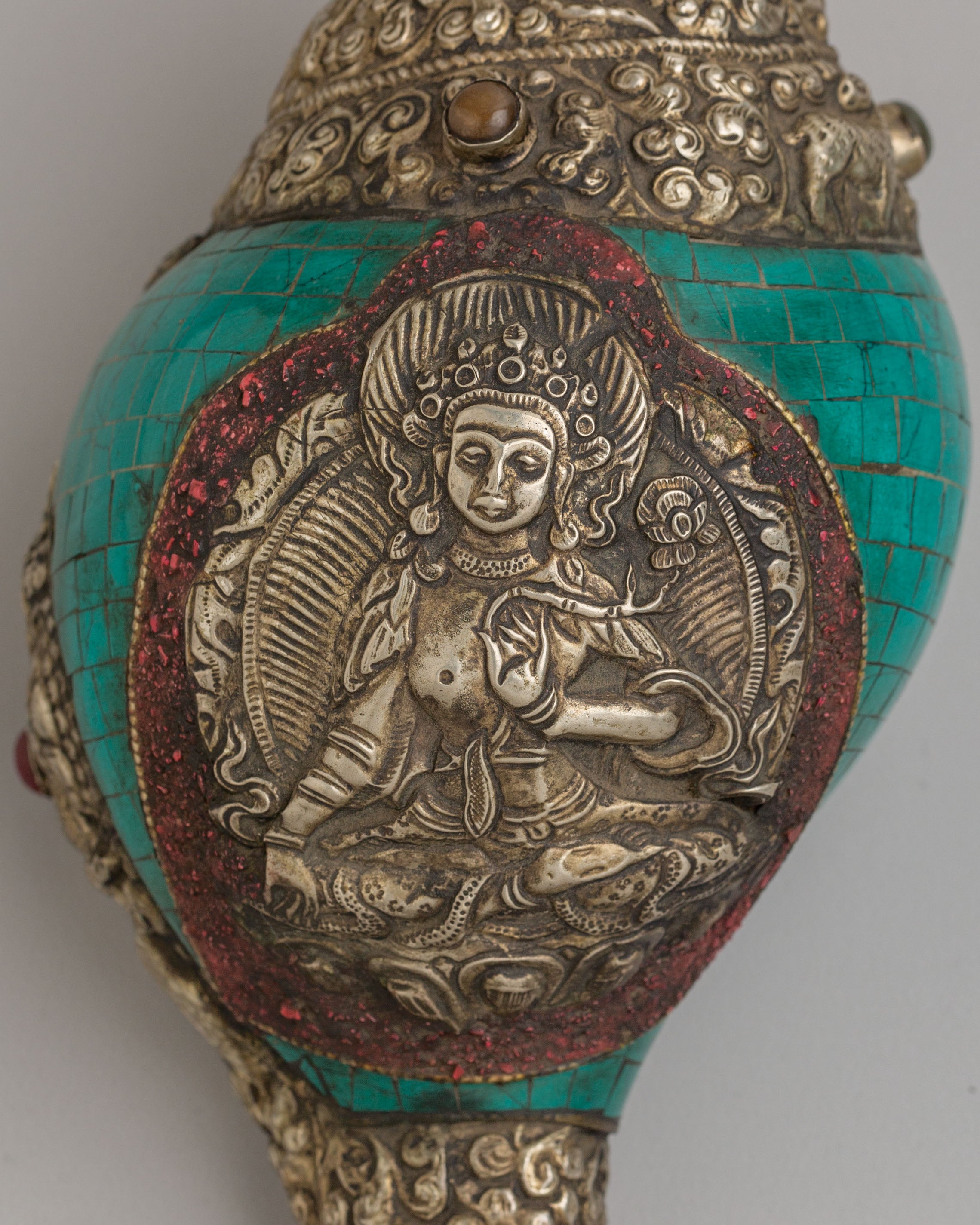 Handmade Tibetan Conch | Gemstone & Coral Inlay