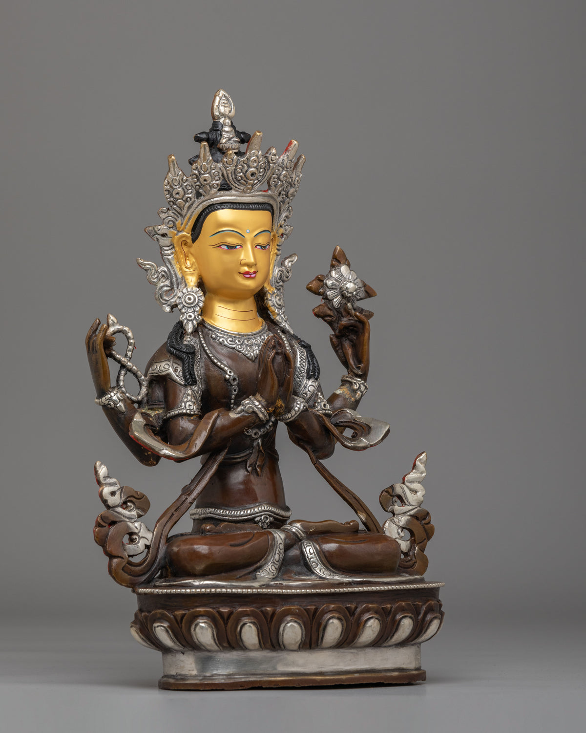 Tibetan Altar Avalokiteshvara Statue | Gold Plated Chenrezig Buddhist Sculpture