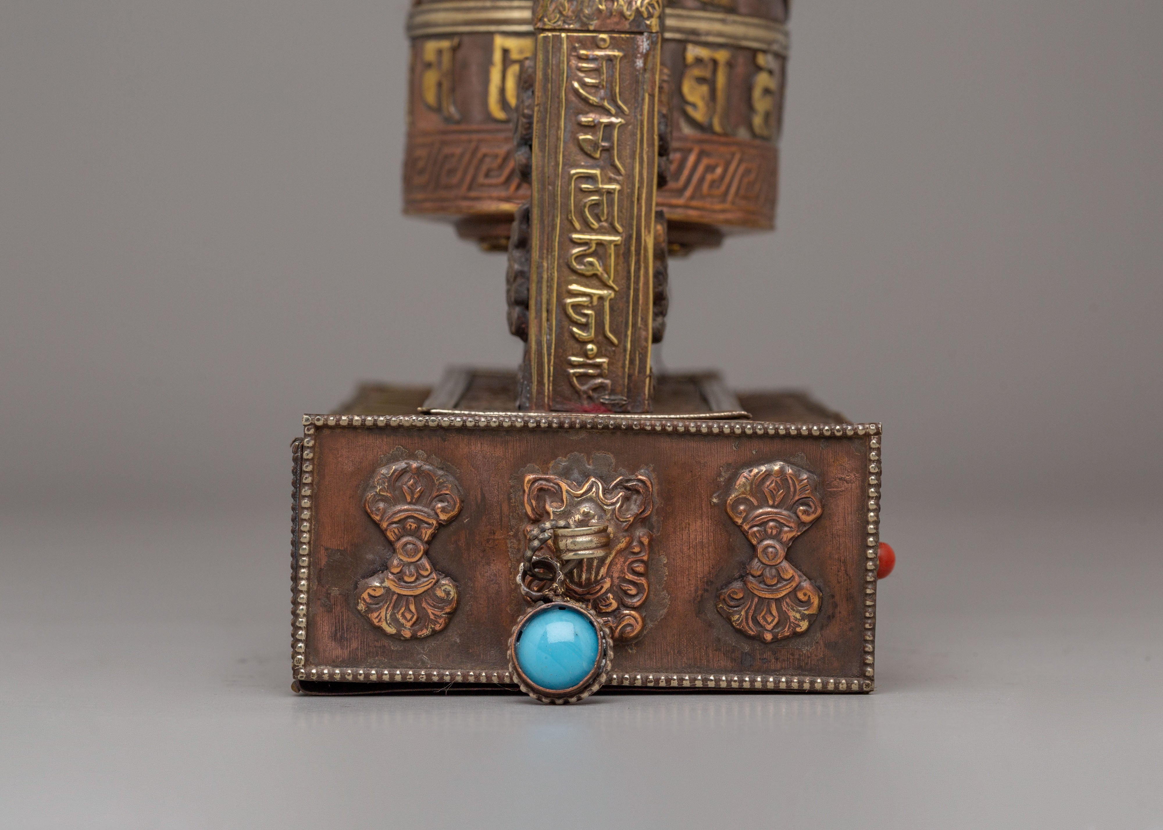 Traditional Mantra Prayer Wheel | Tibetan Copper Body with Gemstones