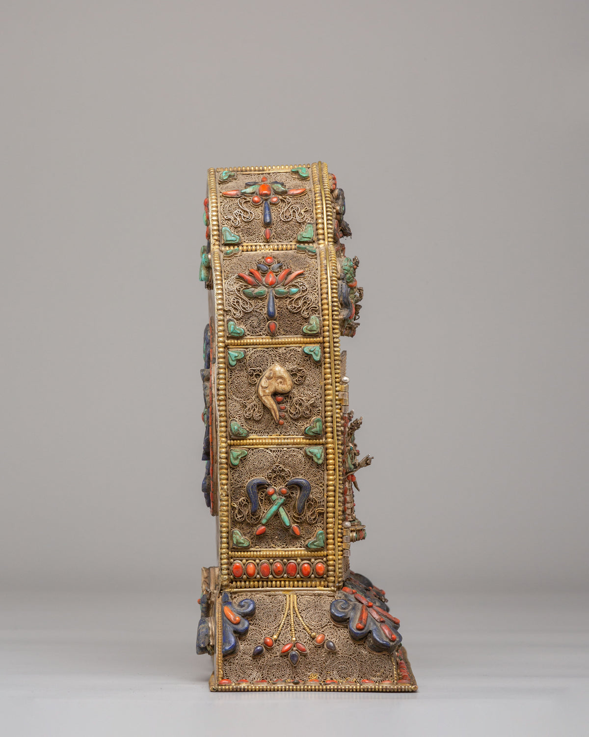 Buddhist Ghau Box with Deity Carvings | Silver Sacred Shrine