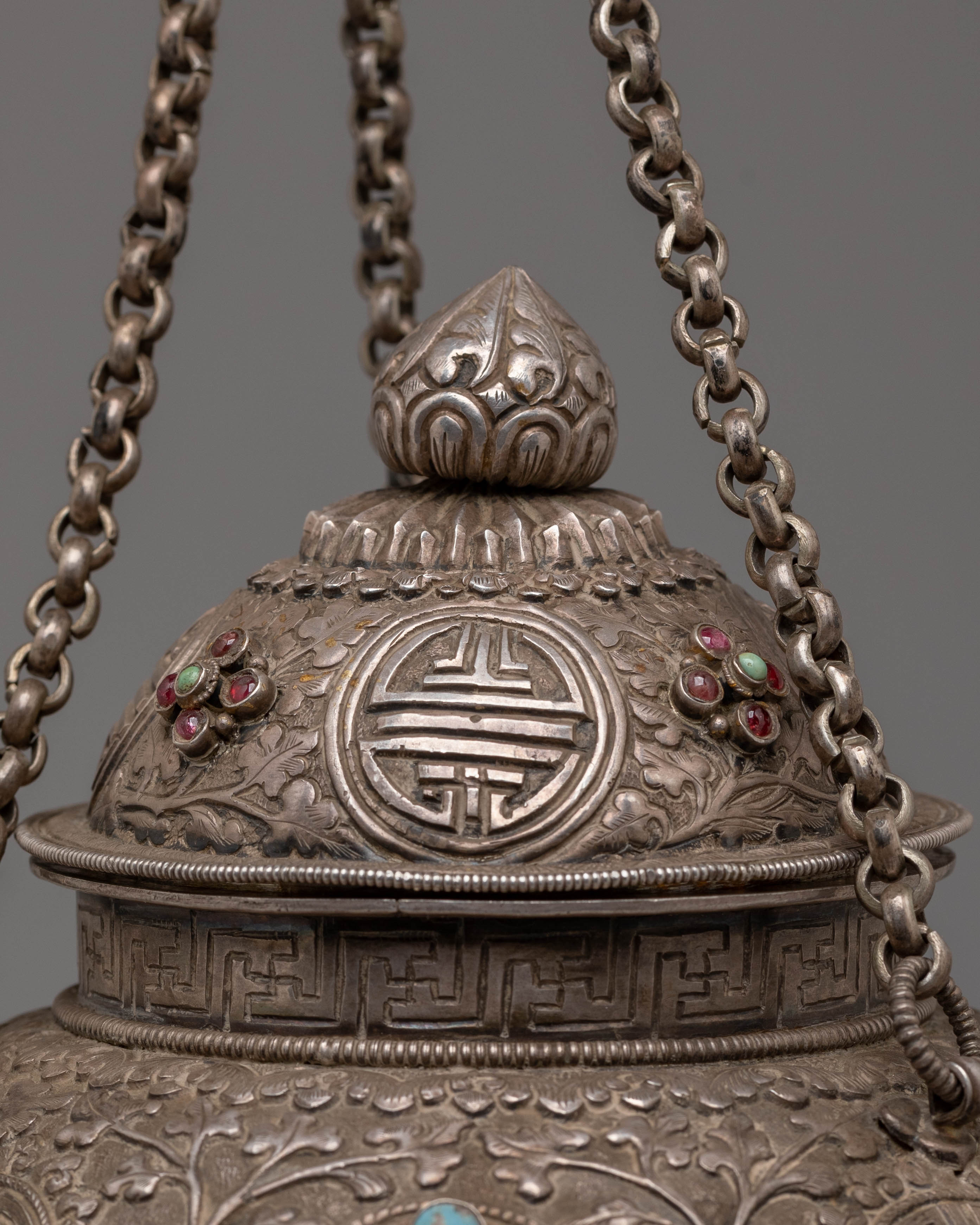 Decorative Tibetan Incense Burner | Silver and Jade Inense Burner