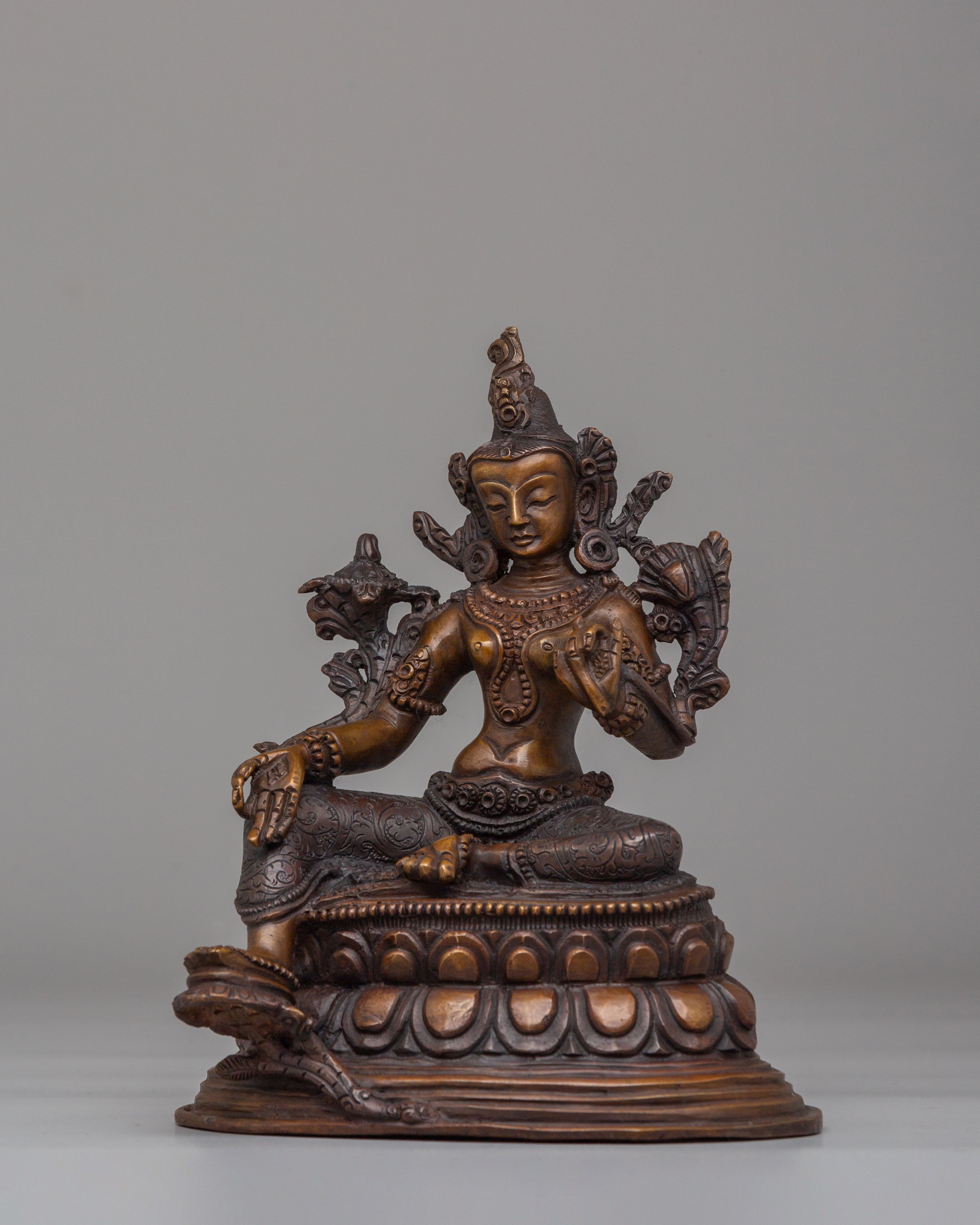Himalayan Green Tara Goddess Statue | Oxidized Copper Tibetan Protector