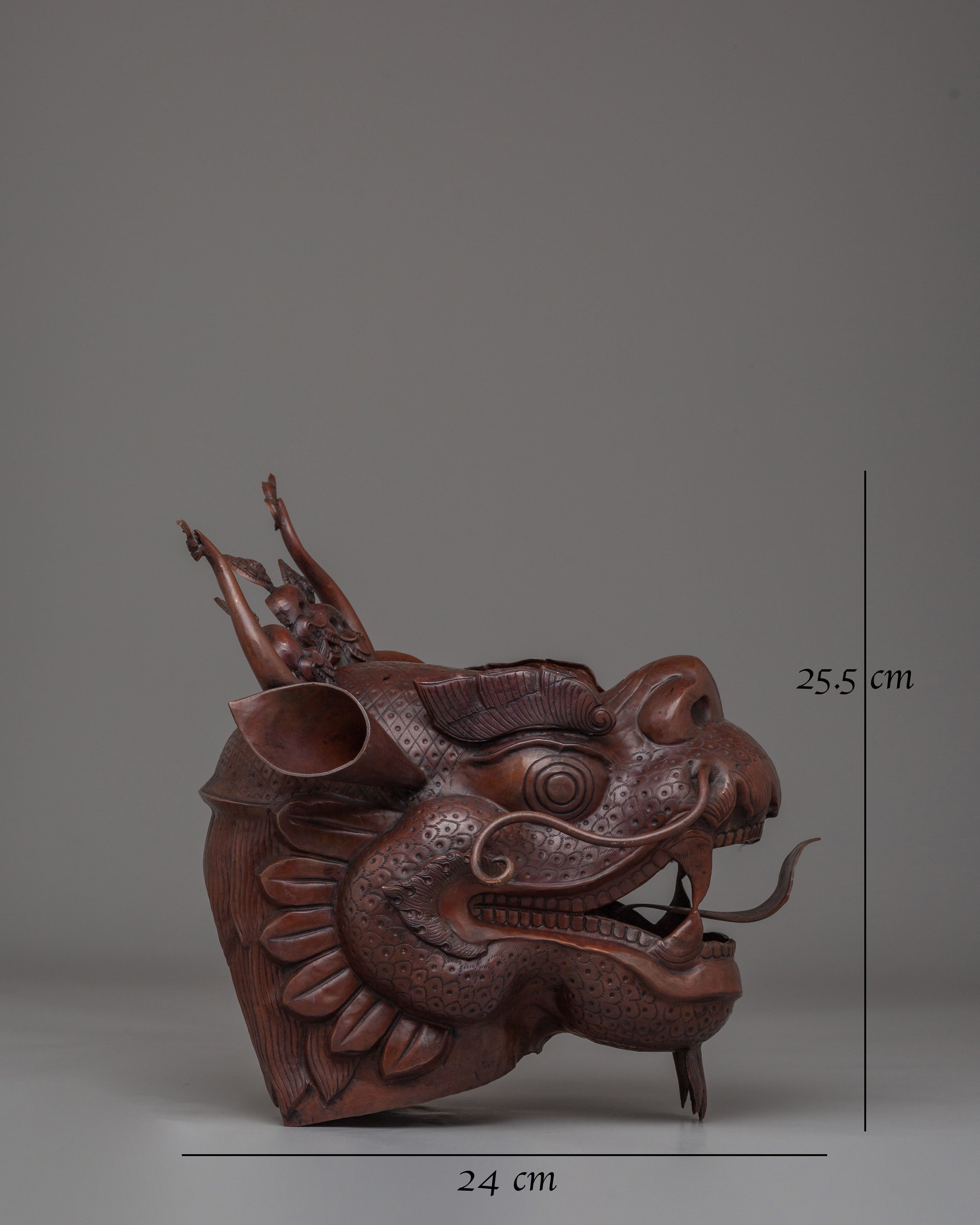 Carved Dragon Head Sculpture | Traditional Oxidized Copper Artwork