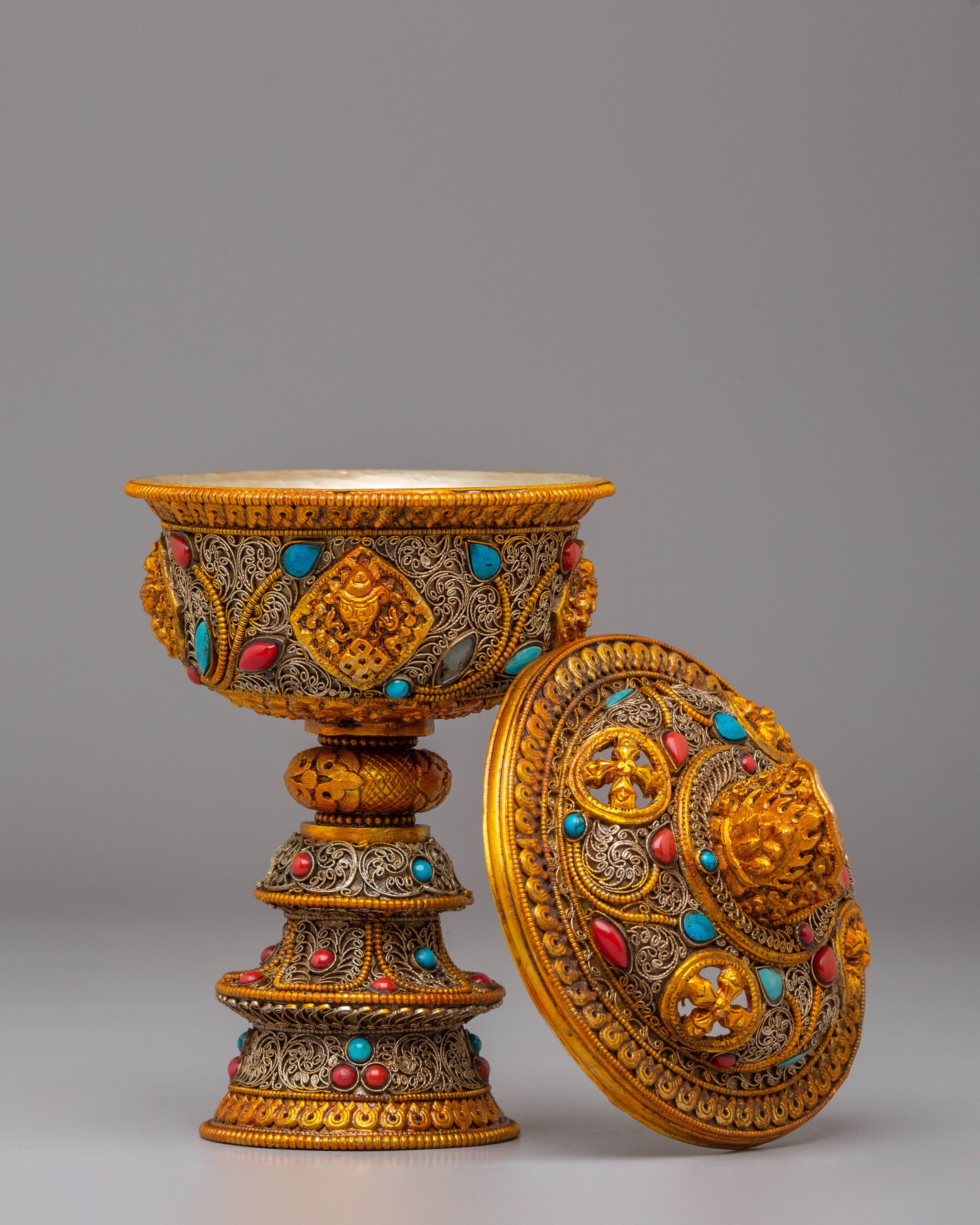Electro Gold Plated Butter Lamp Set for Ritual Use | Tibetan Altar Decor