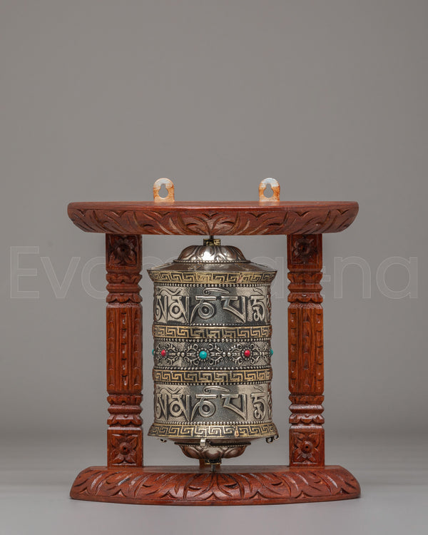 Decorative Prayer Wheel With Stand | Handcrafted Mantra Spinning Wheel