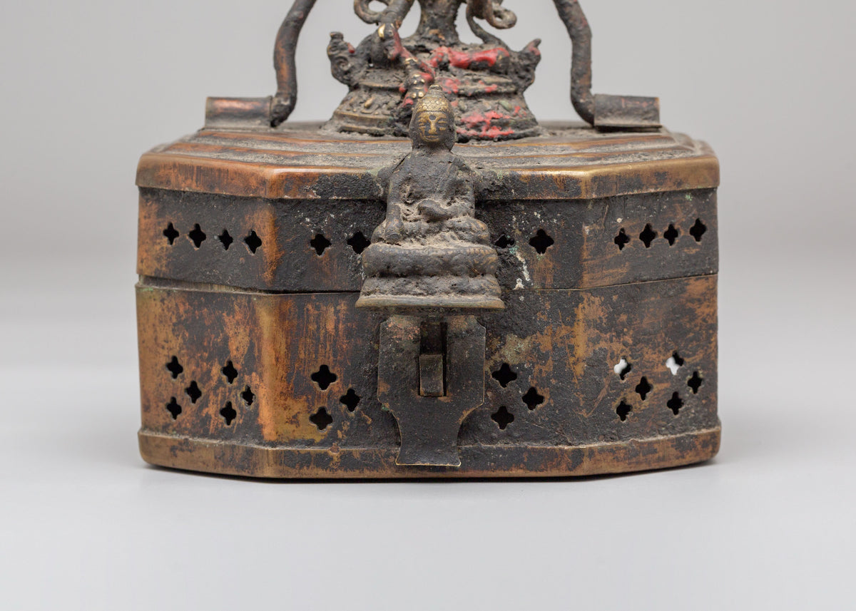 Jewellery Box With Buddhist Deity Carvings | Handcrafted Brass Copper Box