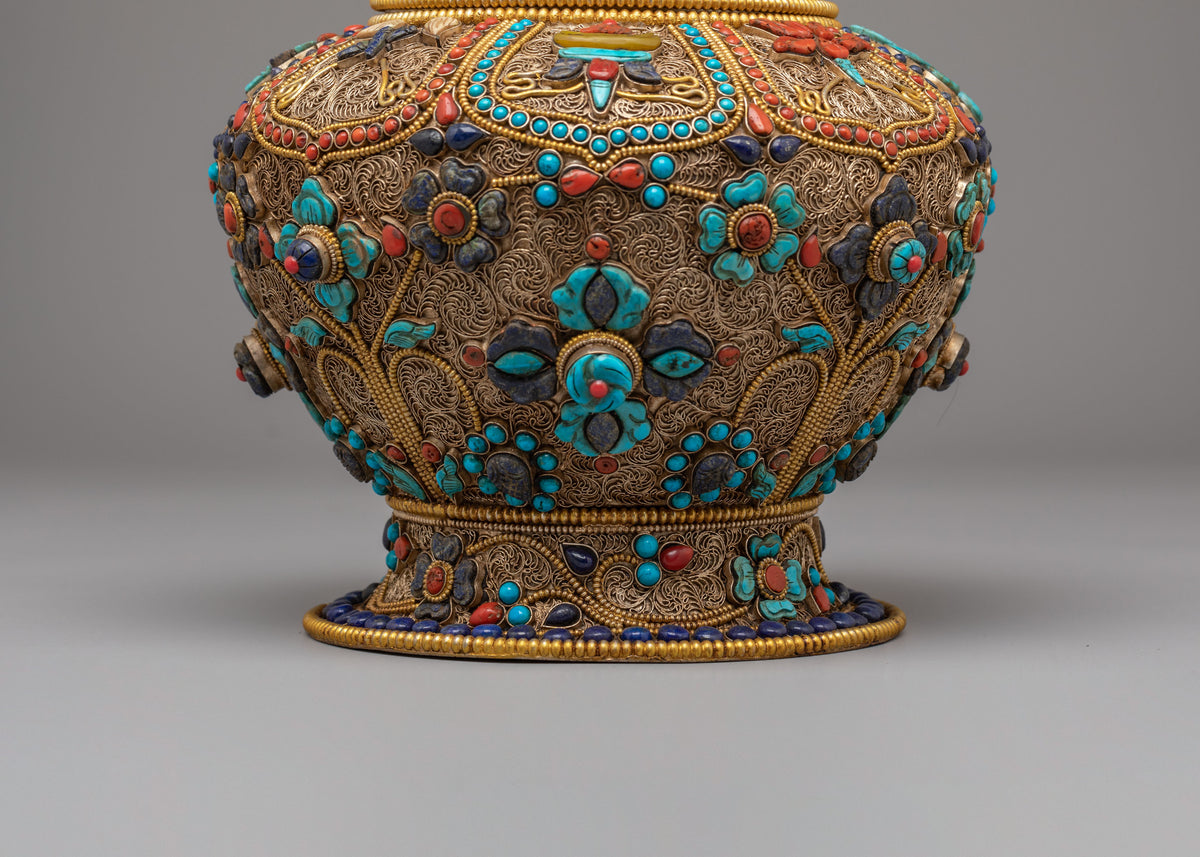Buddhist Shrine Rice Pot | Filigree Silver Offering Vessel