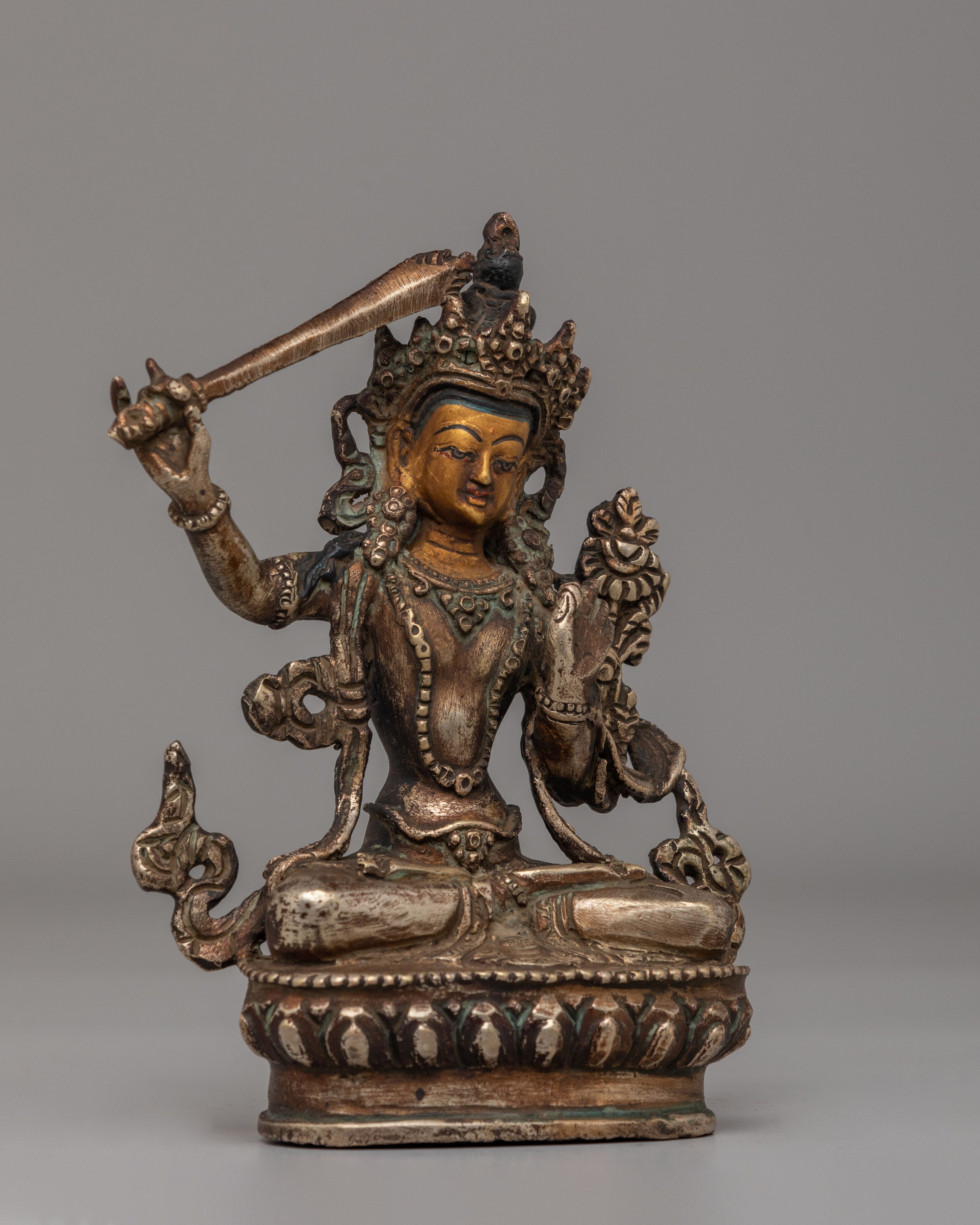 Himalayan Manjushri Statue for Shrine | Oxidized Brass Wisdom Deity