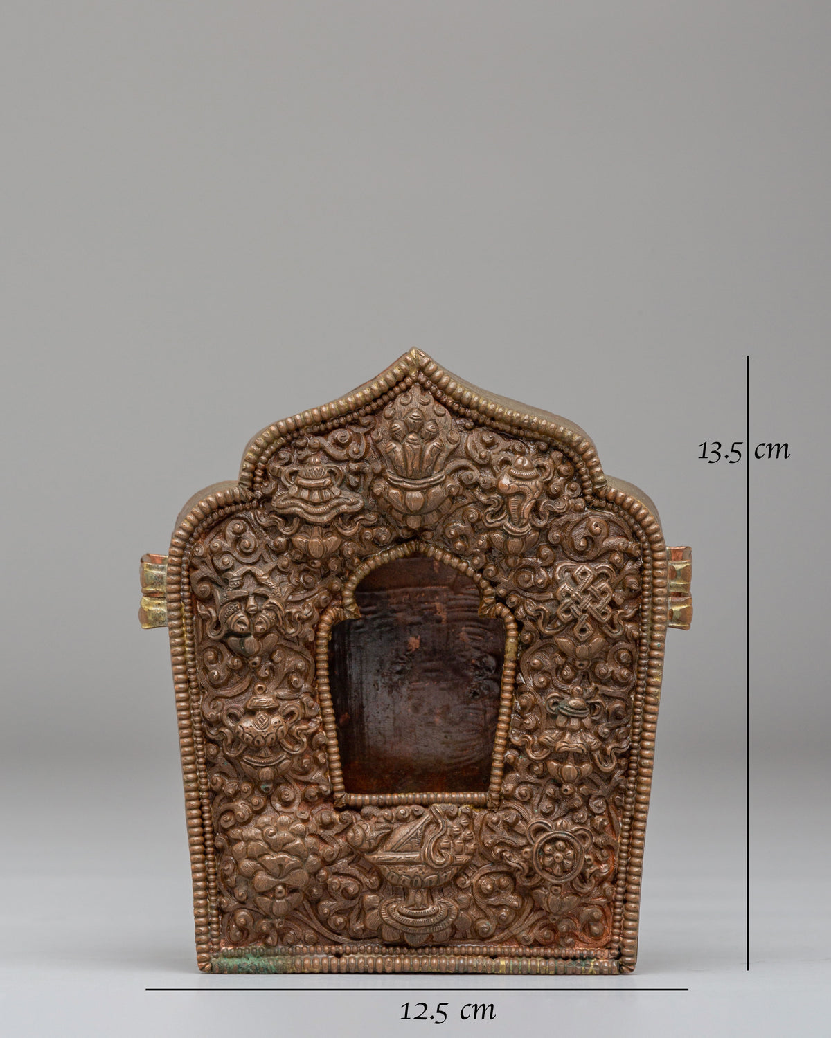 Himalayan Buddhist Altar Ghau Box | Copper Bronze Shrine Box