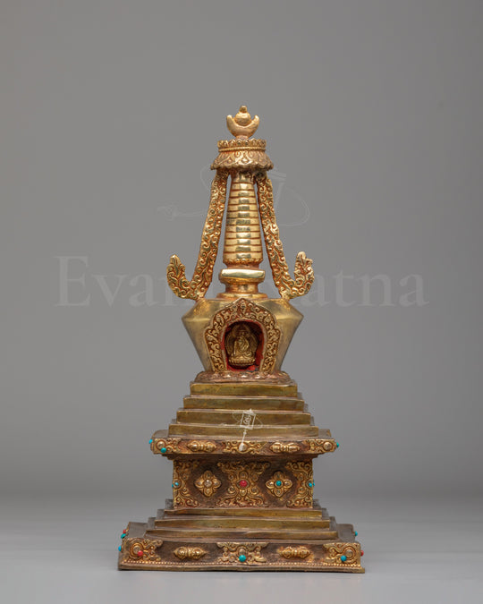 Sacred Altar Enlightenment Chorten | Gold Plated Copper Altar Sculpture