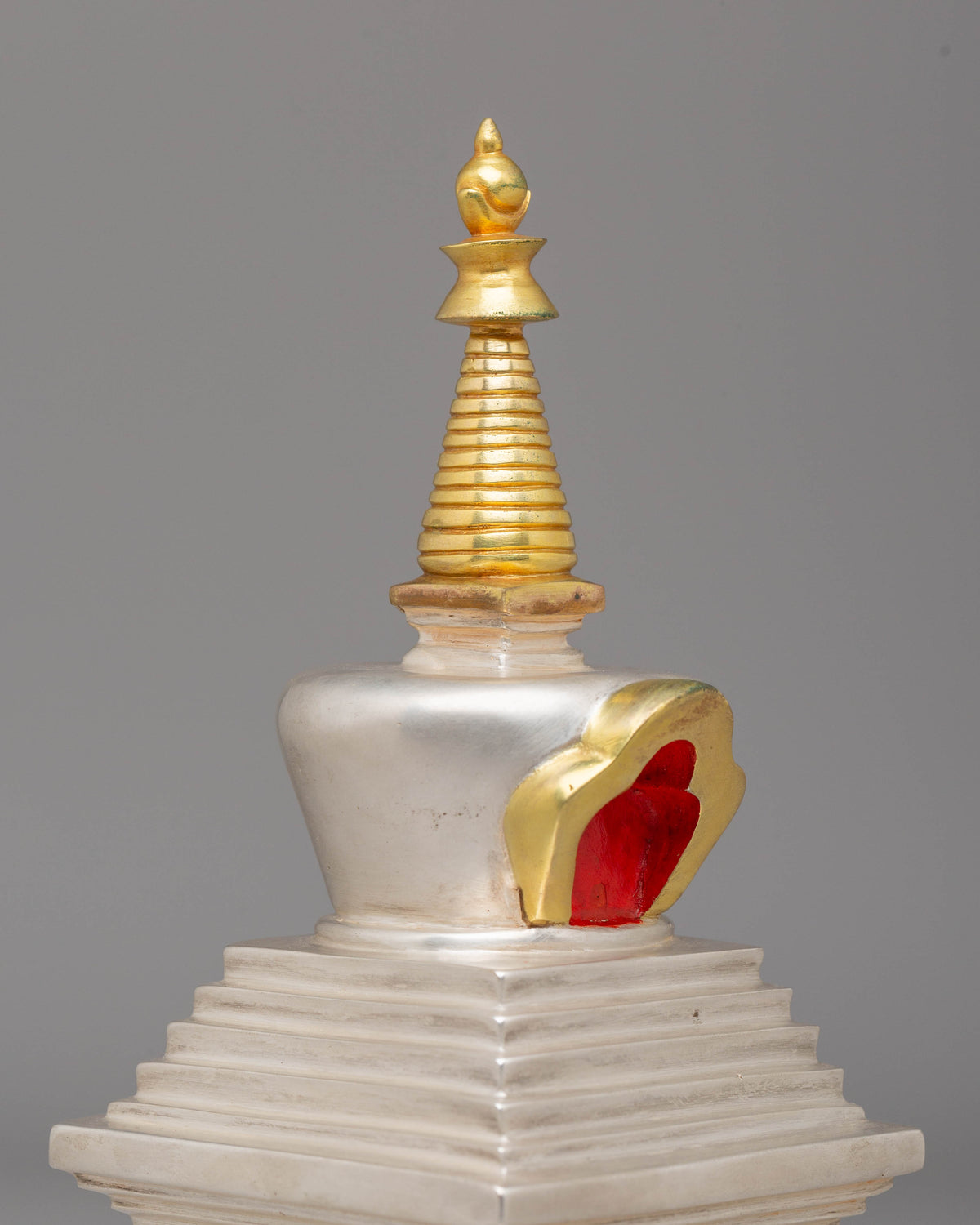 Handcrafted Spiritual Tibetan Stupa | Silver Plated Buddhist Sculpture