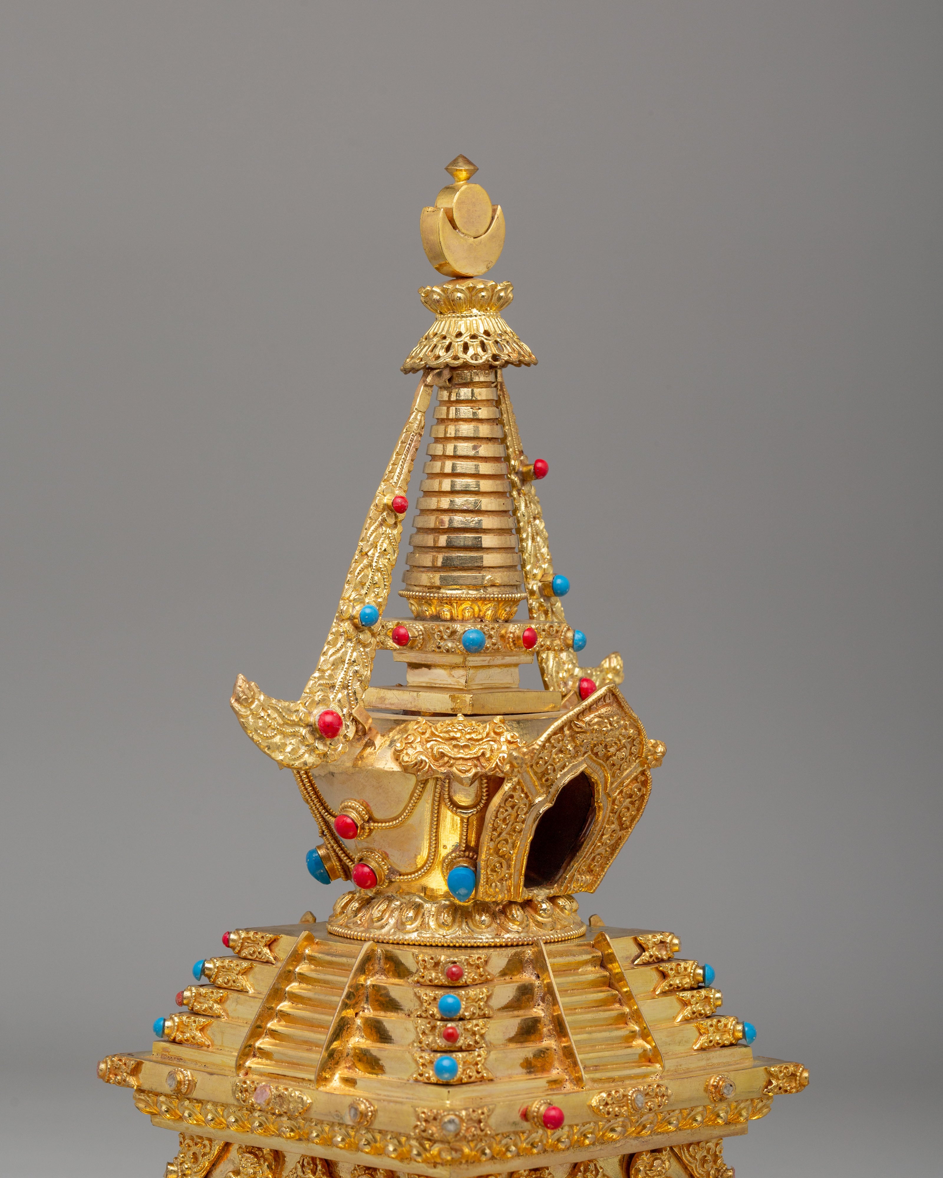 Traditional Descent From Heaven Stupa | 22K Gold Copper Tibetan Stupa