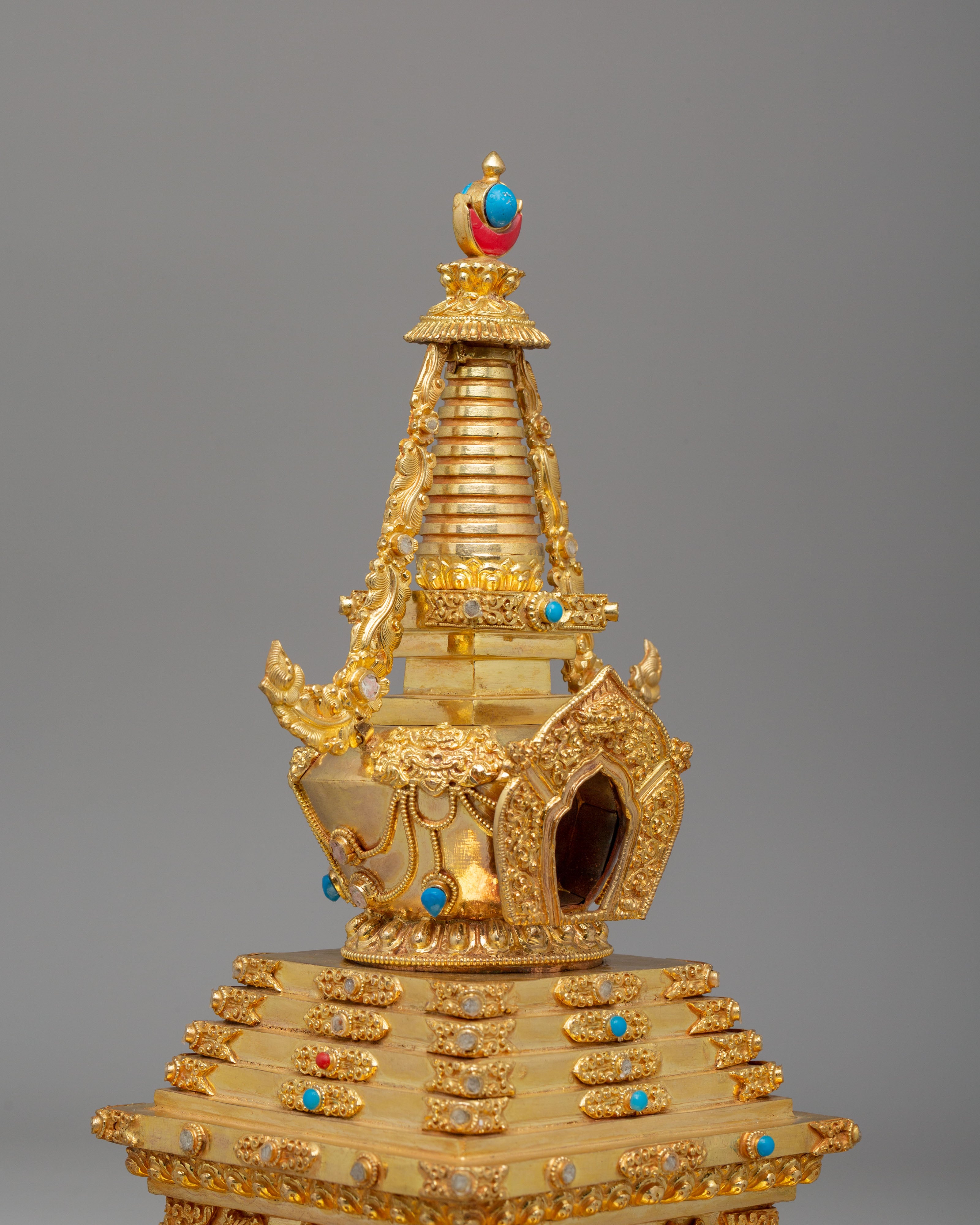 Gold Plated Altar Enlightenment Stupa | Handcrafted Tibetan Buddhist Shrine