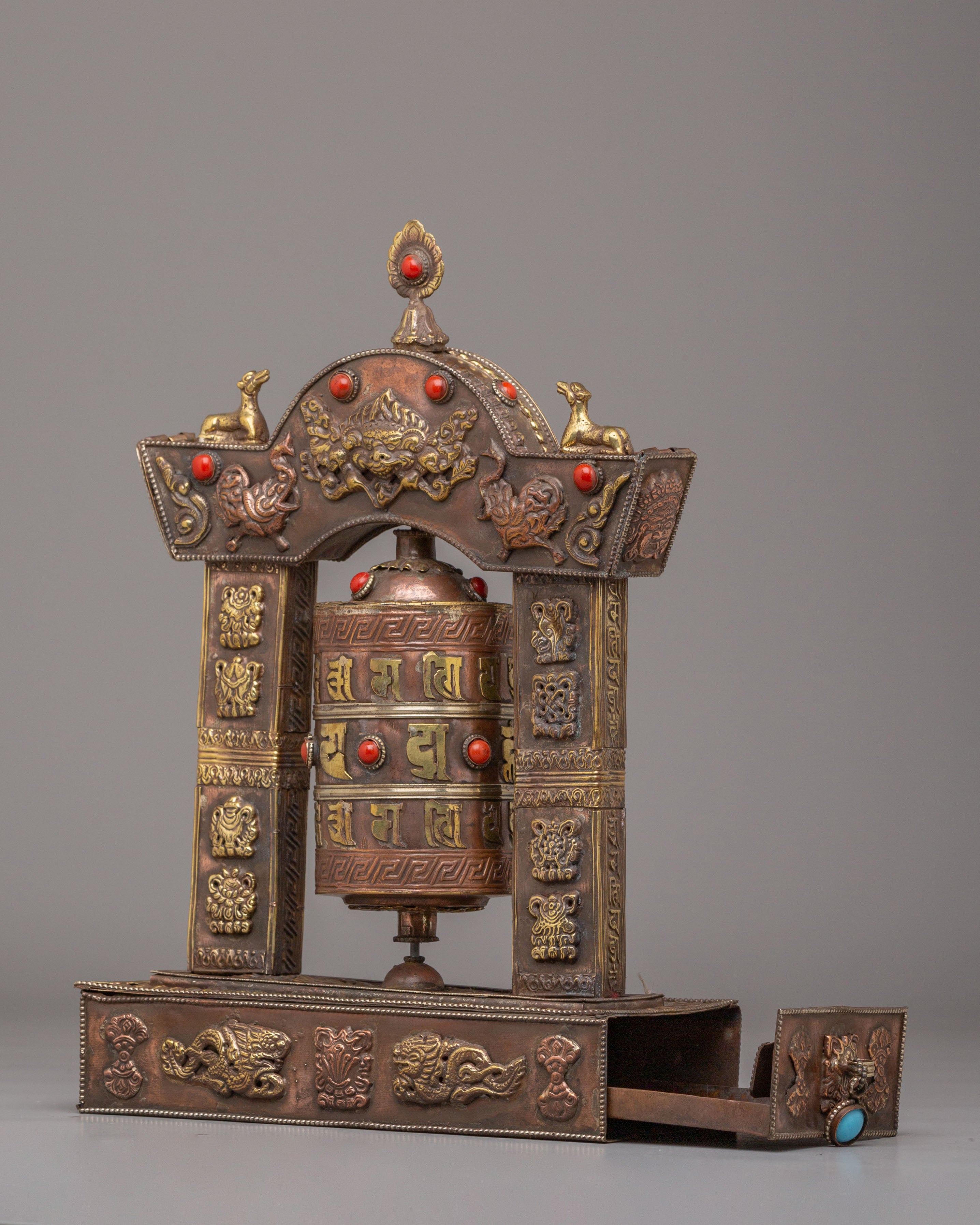 Traditional Mantra Prayer Wheel | Tibetan Copper Body with Gemstones
