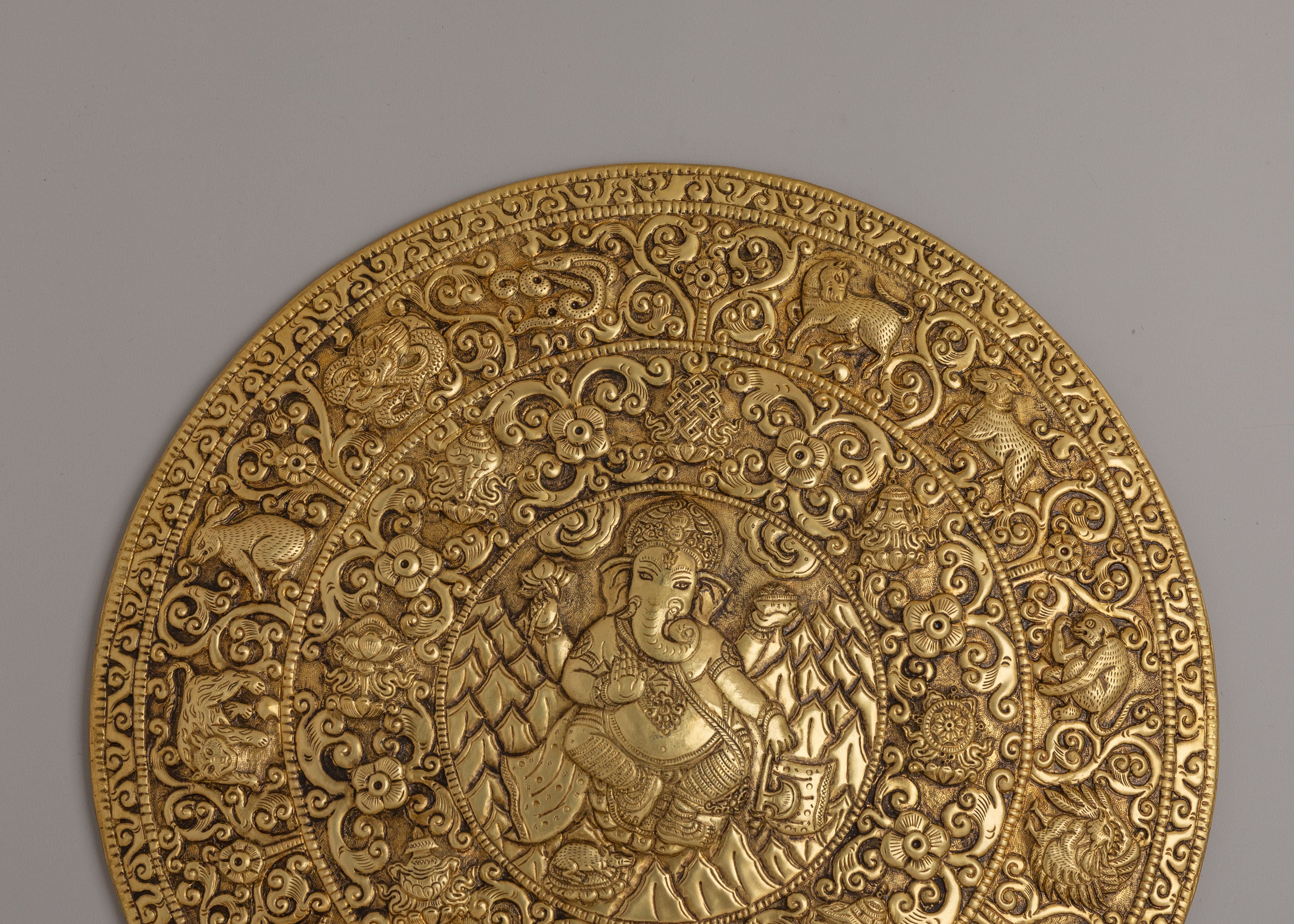 Traditional Ganesha Mandala Wall Hanging | Gemstone Inlaid Copper