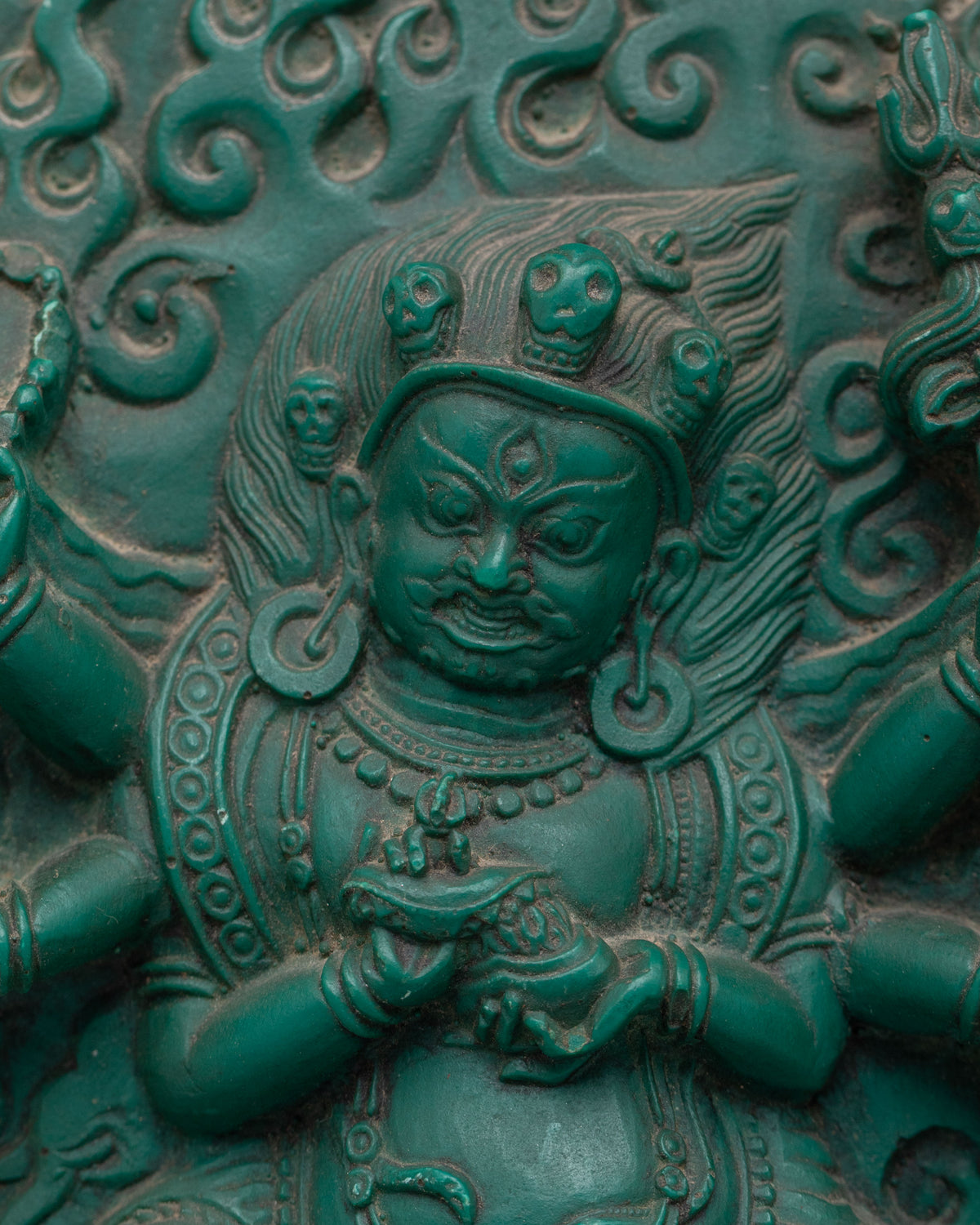 Sacred Six-Armed Mahakala Sculpture | Compressed Turquoise Buddhist Protector Statue
