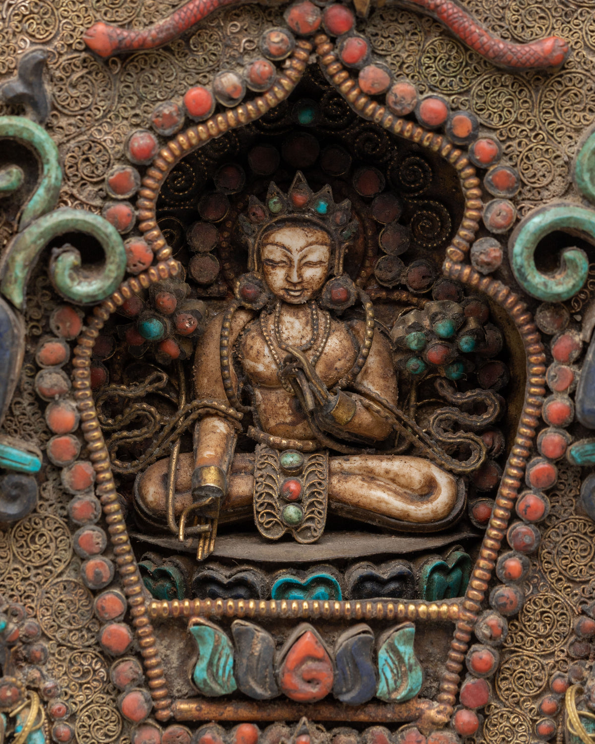Handcrafted Ghau Box with Deity | Copper Ritual Box with Gemstones