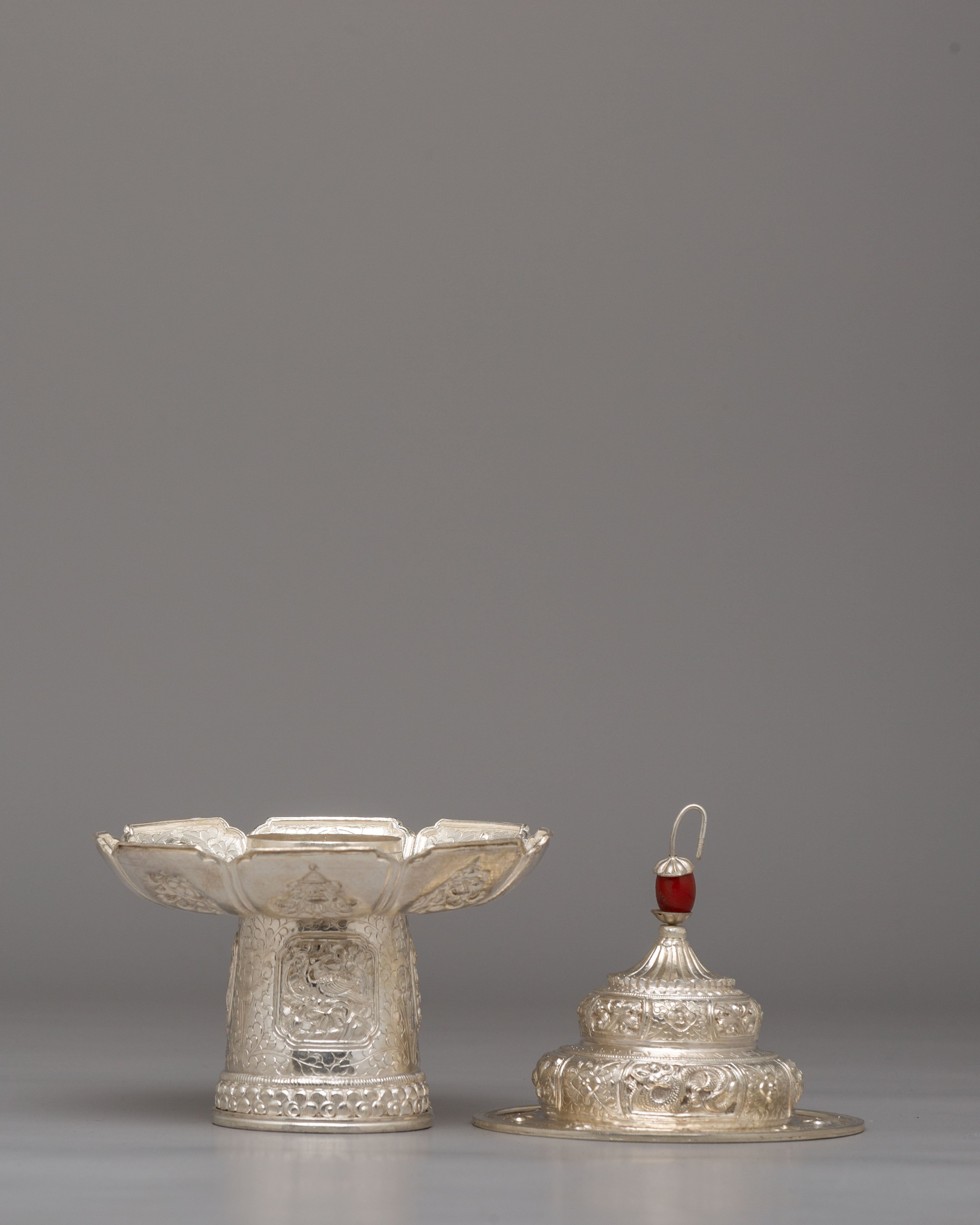 Traditional Tea Cup Cover Set | White Metal Tibetan Ritual Decor