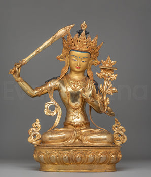 Handmade Spiritual Manjushri Statue | Gold-Plated Copper with Acrylic Color