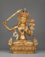 Handmade Spiritual Manjushri Statue | Gold-Plated Copper with Acrylic Color