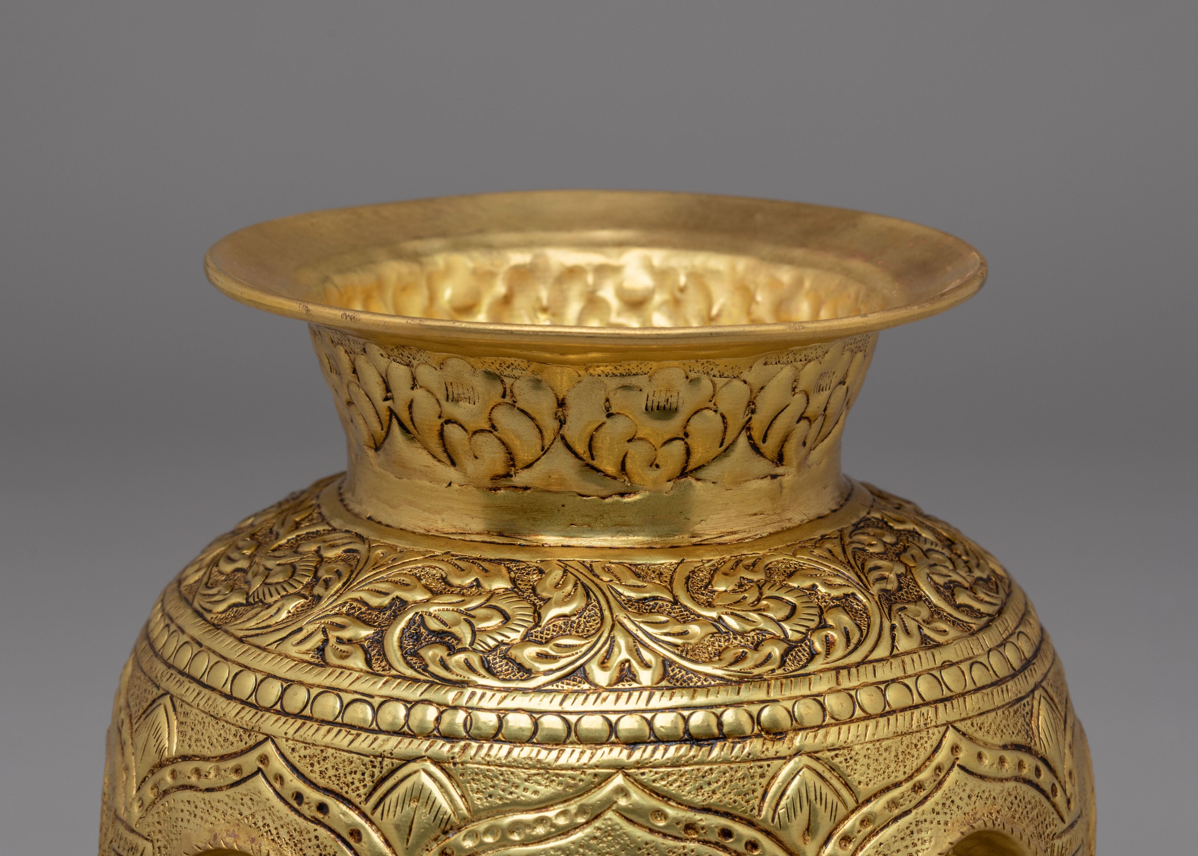 Deities Carved Kalash | Brass Sacred Vessel | Handcrafted Altar Ornament