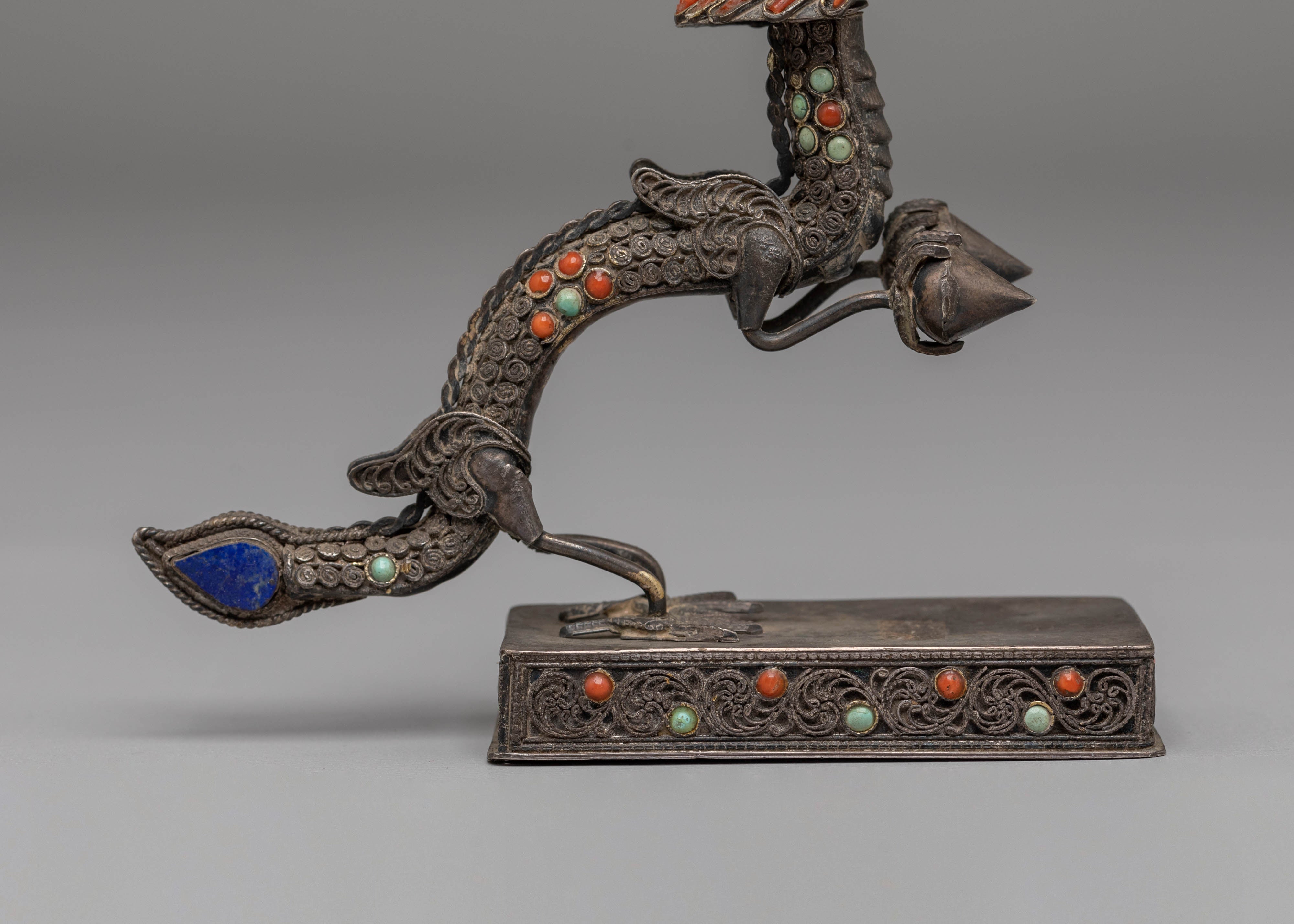 Handmade Dragon Sculpture | Silver Art Piece with Turquoise & Coral Gemstones