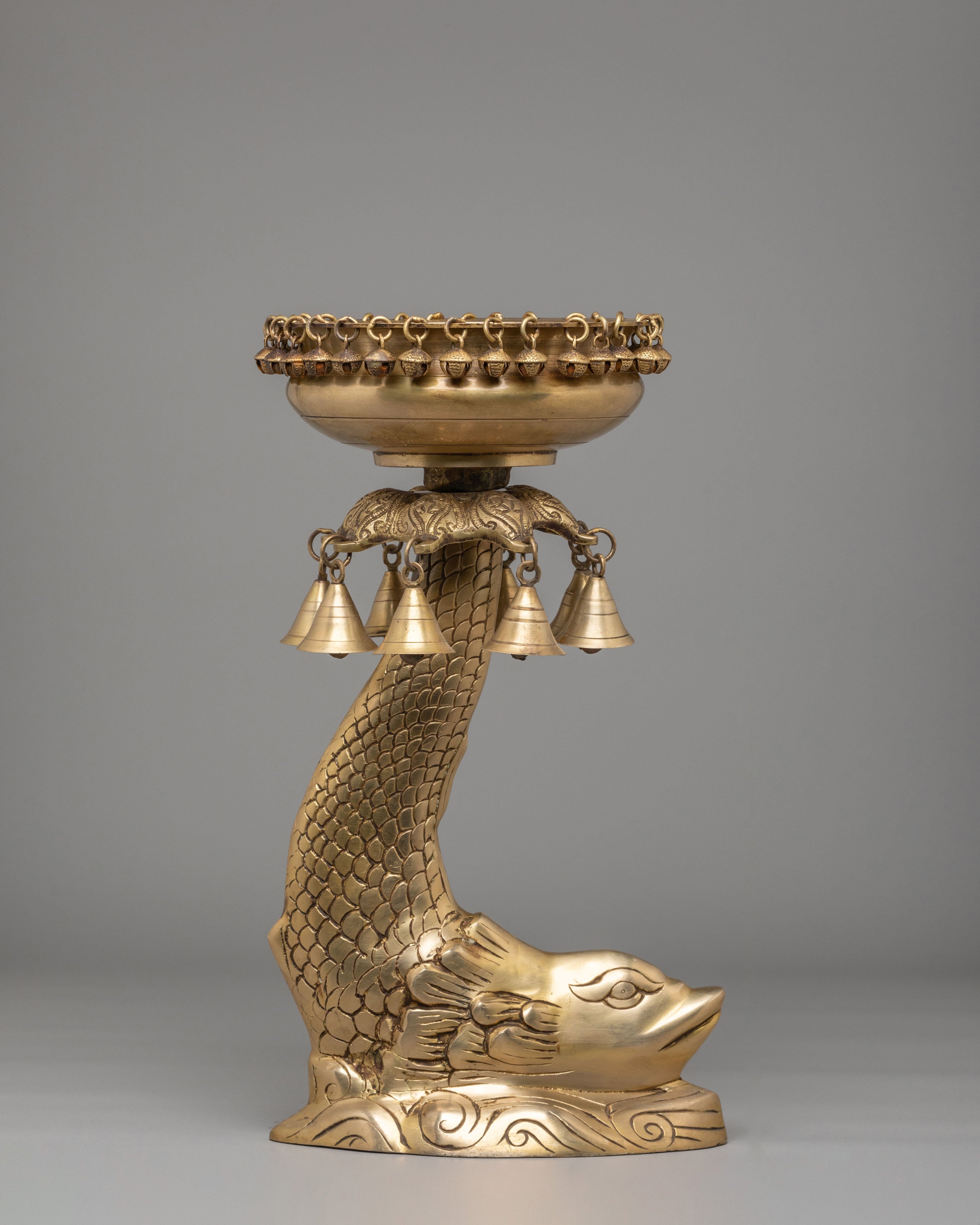 Sacred Altar Decorative Urli Bowl | Fish-Shaped Base with Hanging Bells
