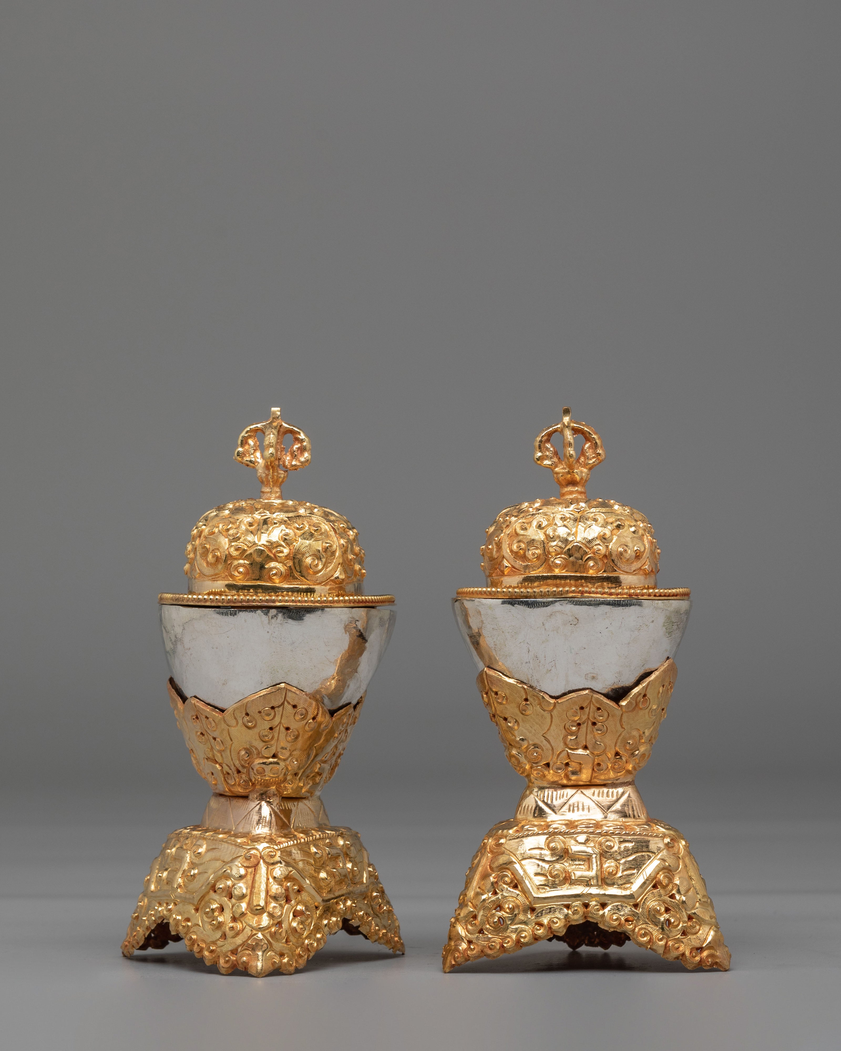 Traditional Ritual Kapala Set | Gold Gilded and Silver Coated Vessels