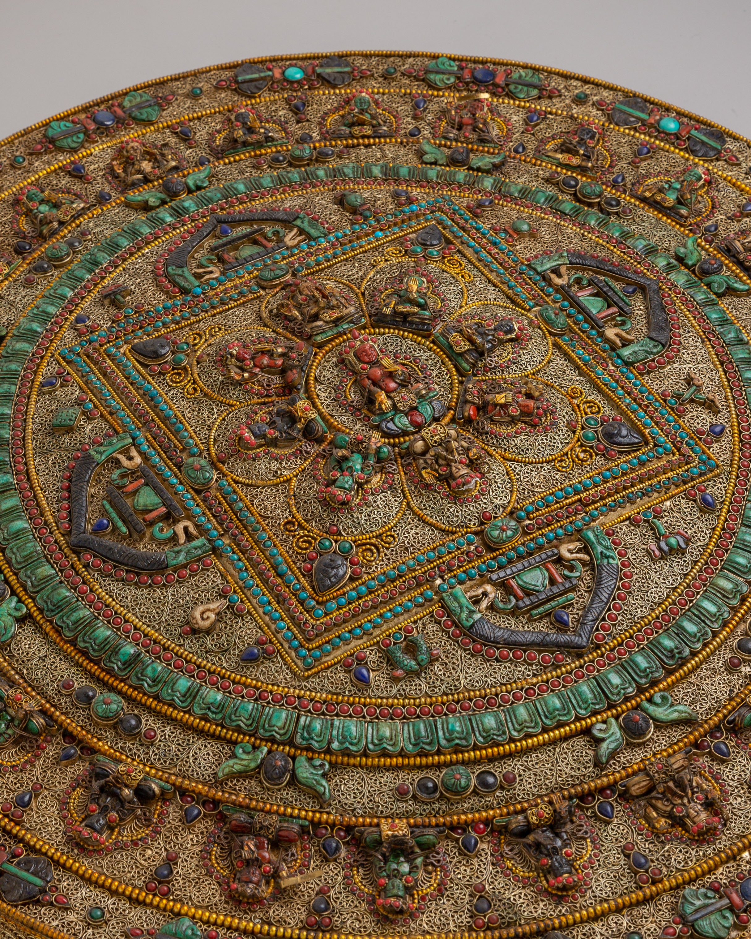 Mandala Wall Hanging with Deities | Silver Plated Gemstone Sacred Artwork