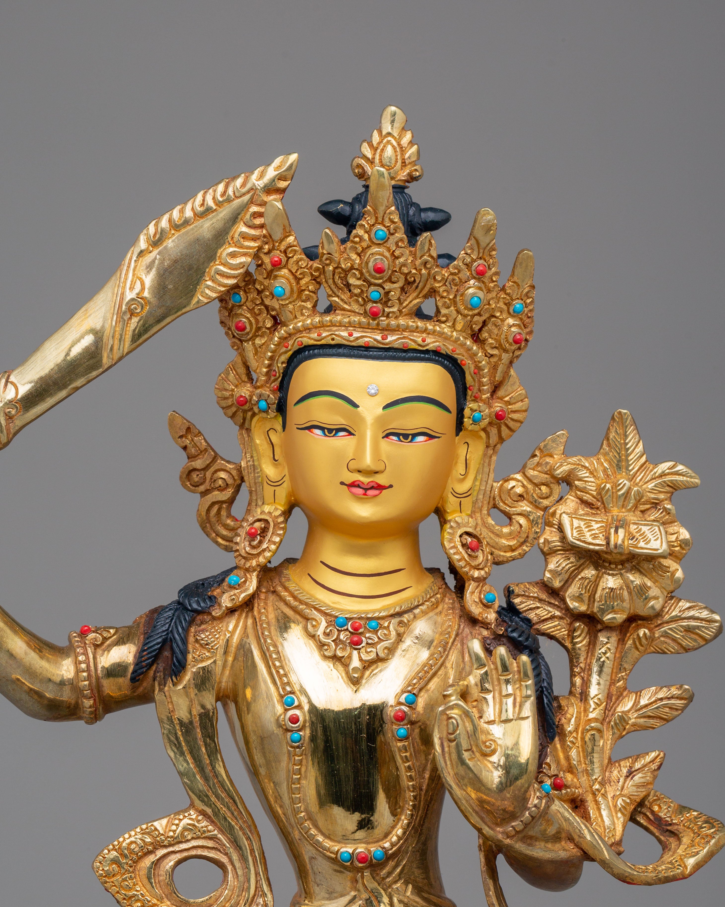 Spiritual Manjushri Altar Statue | 24K Gold Plated Tibetan Buddhist Deity