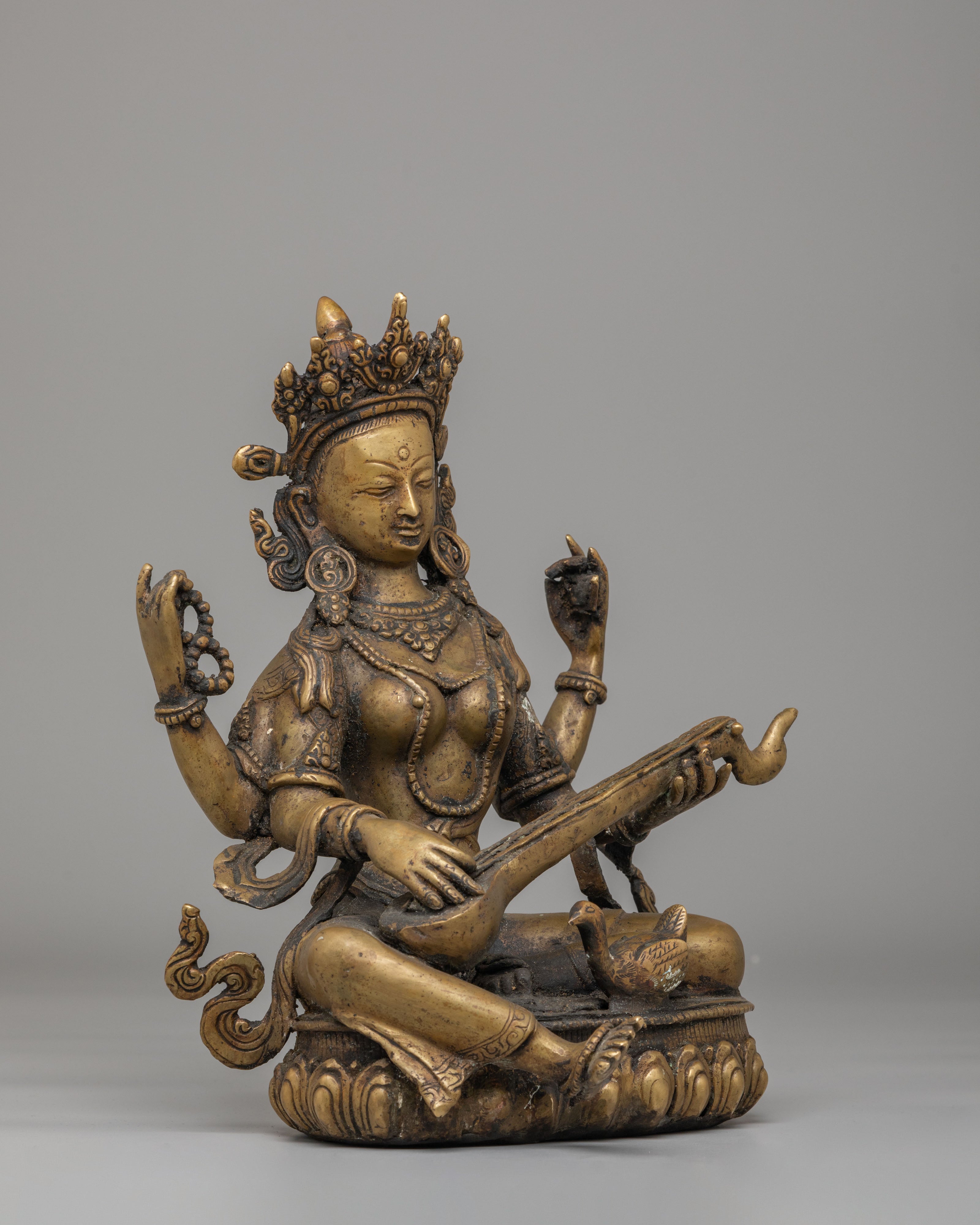 Handmade Saraswati Goddess Statue | Oxidized Copper Goddess of Knowledge
