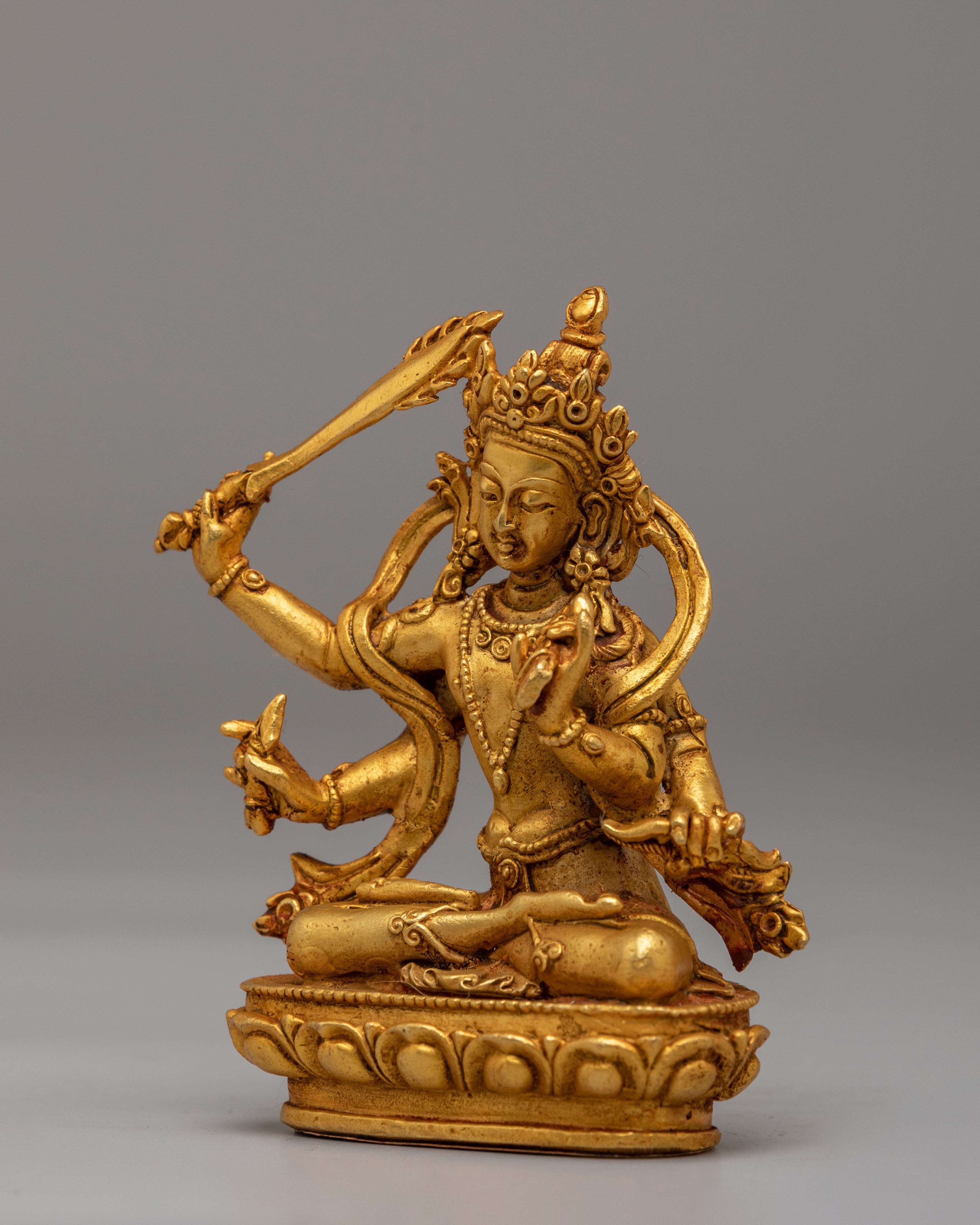 Spiritual Maha Manjushri Sculpture | Gold Plated Copper Wisdom Buddha