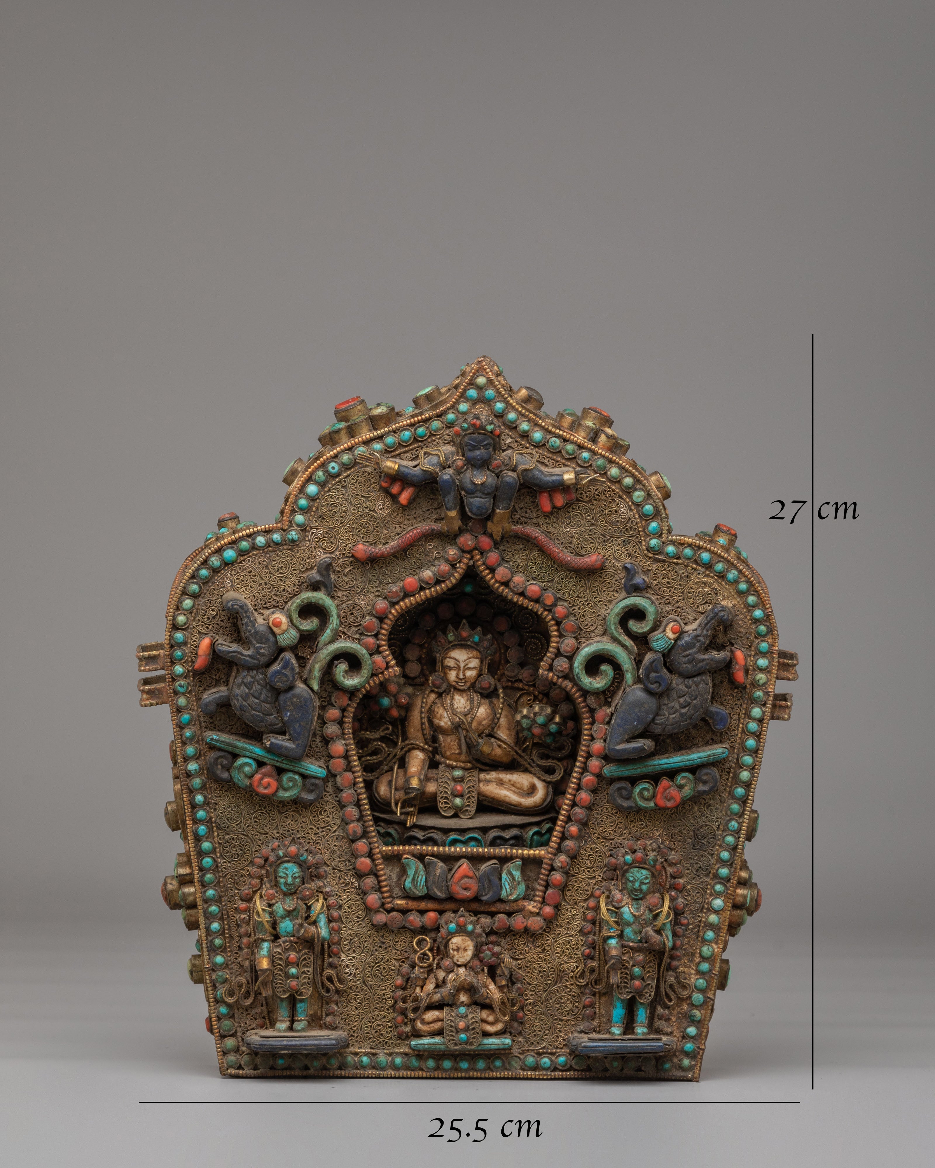 Handcrafted Ghau Box with Deity | Copper Ritual Box with Gemstones