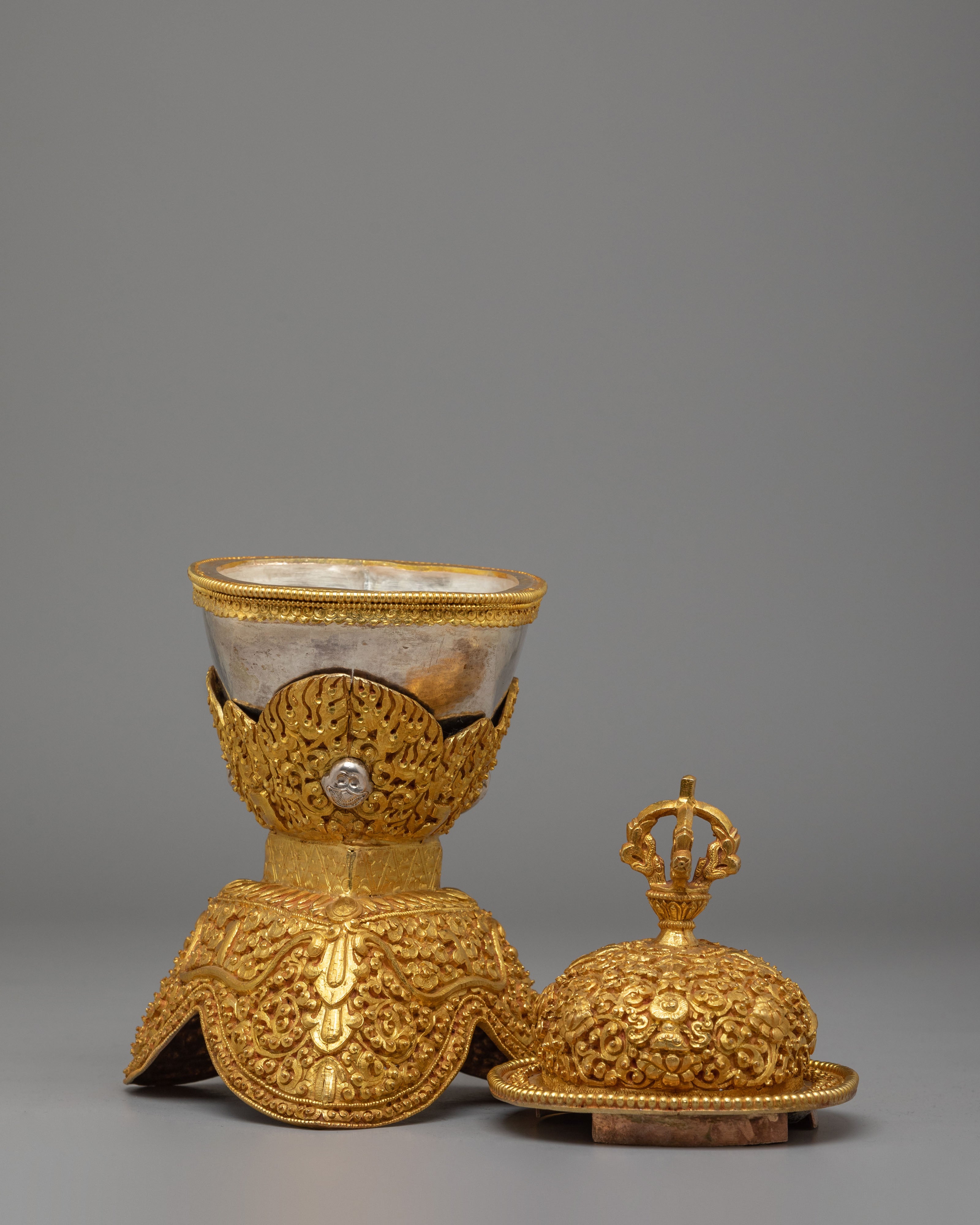 Tibetan Ritual Skull Cups for Altar | Gold and Silver Plated Kapala Set