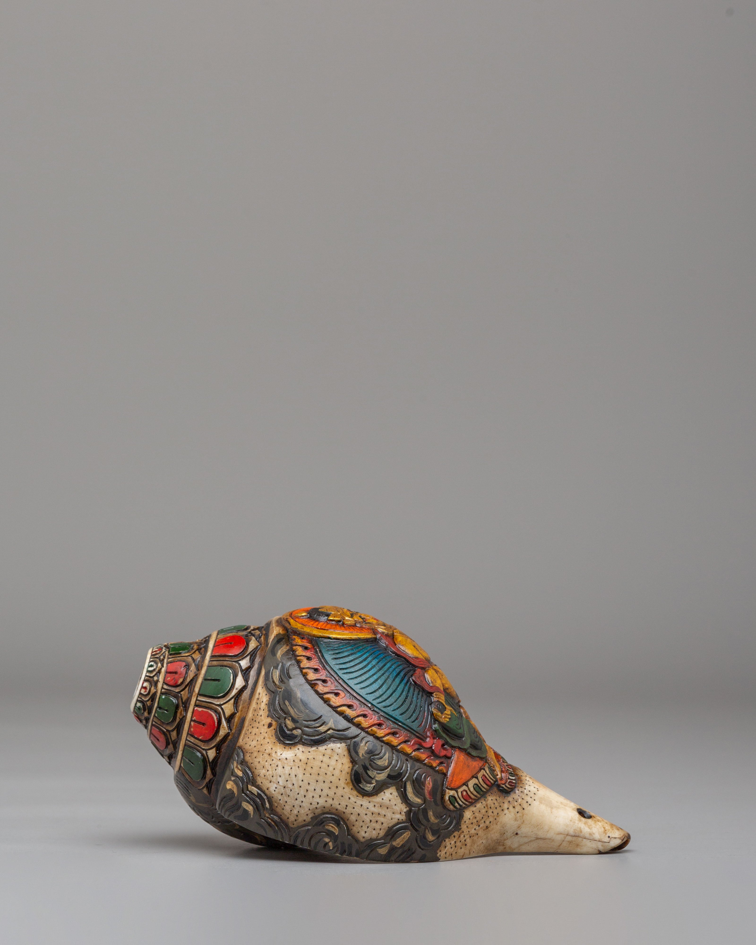 Dzambhala Carved Ritual Conch | Tibetan Buddhist Altar Decor