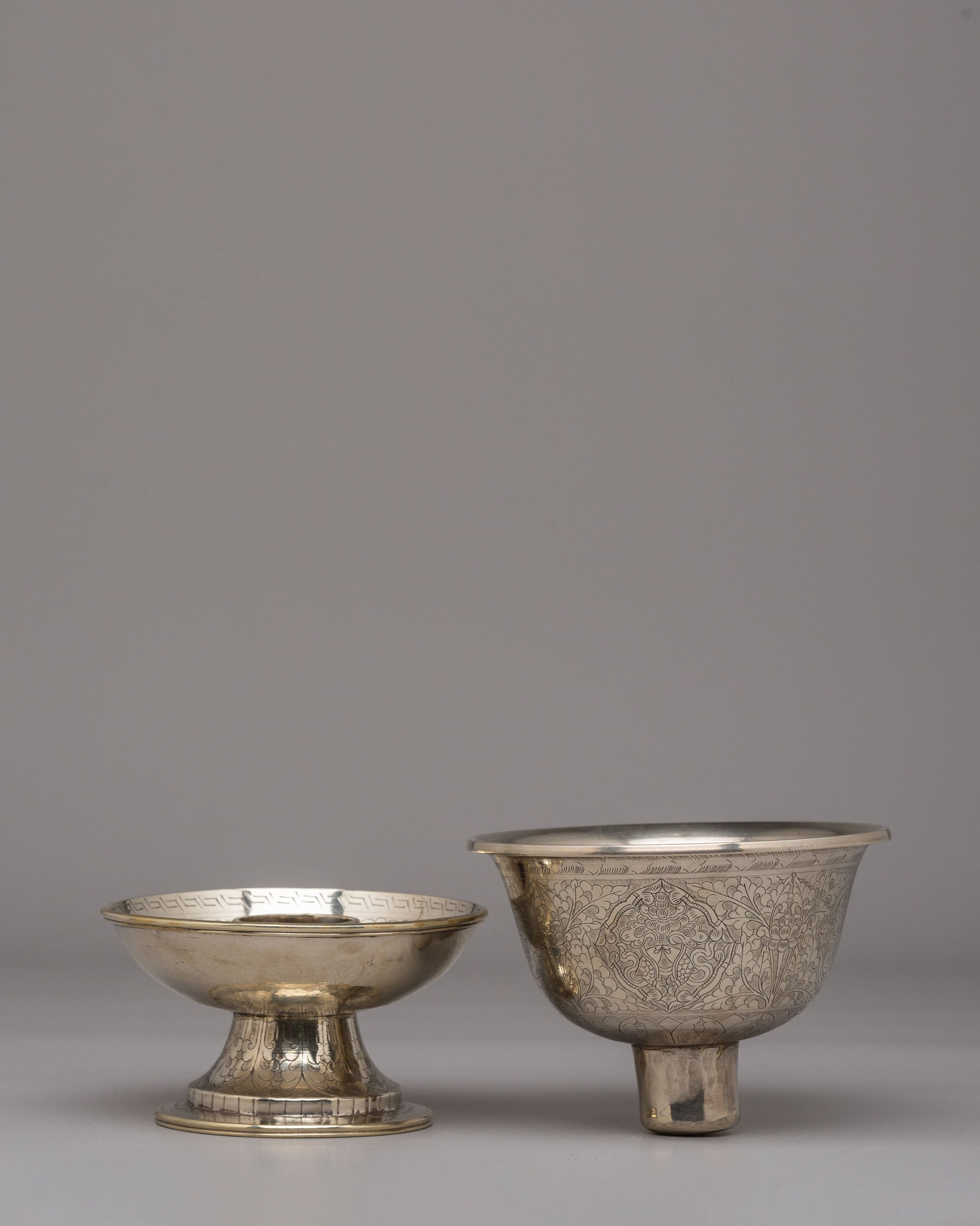 Tibetan Ritual Tea Cup Set | White Metal Ritual Cups for Altar Decor