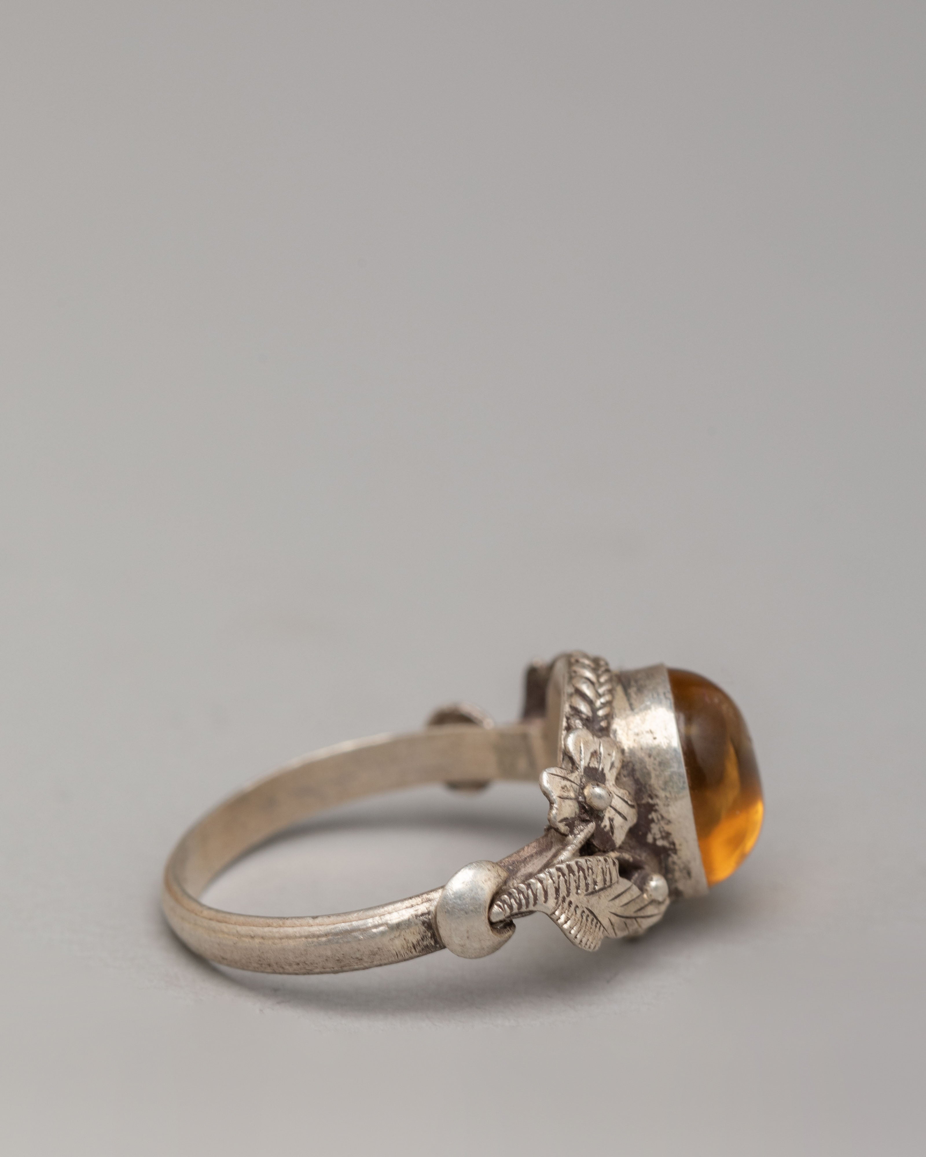 Tibetan Stone Ring | Natural Zircon Silver Ring with Floral Motif
