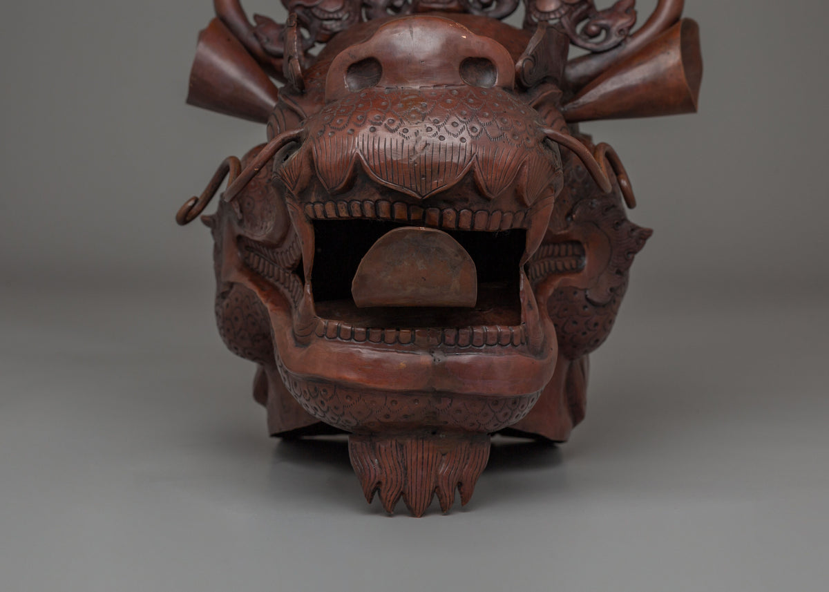 Carved Dragon Head Sculpture | Traditional Oxidized Copper Artwork