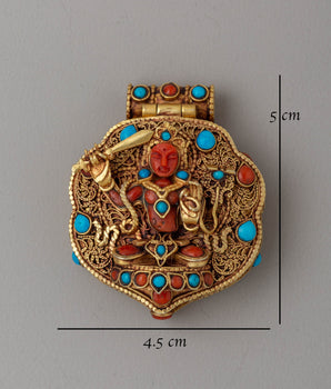 Handcrafted Manjushri Ghau Box Locket | Gold Plated with Coral & Turquoise