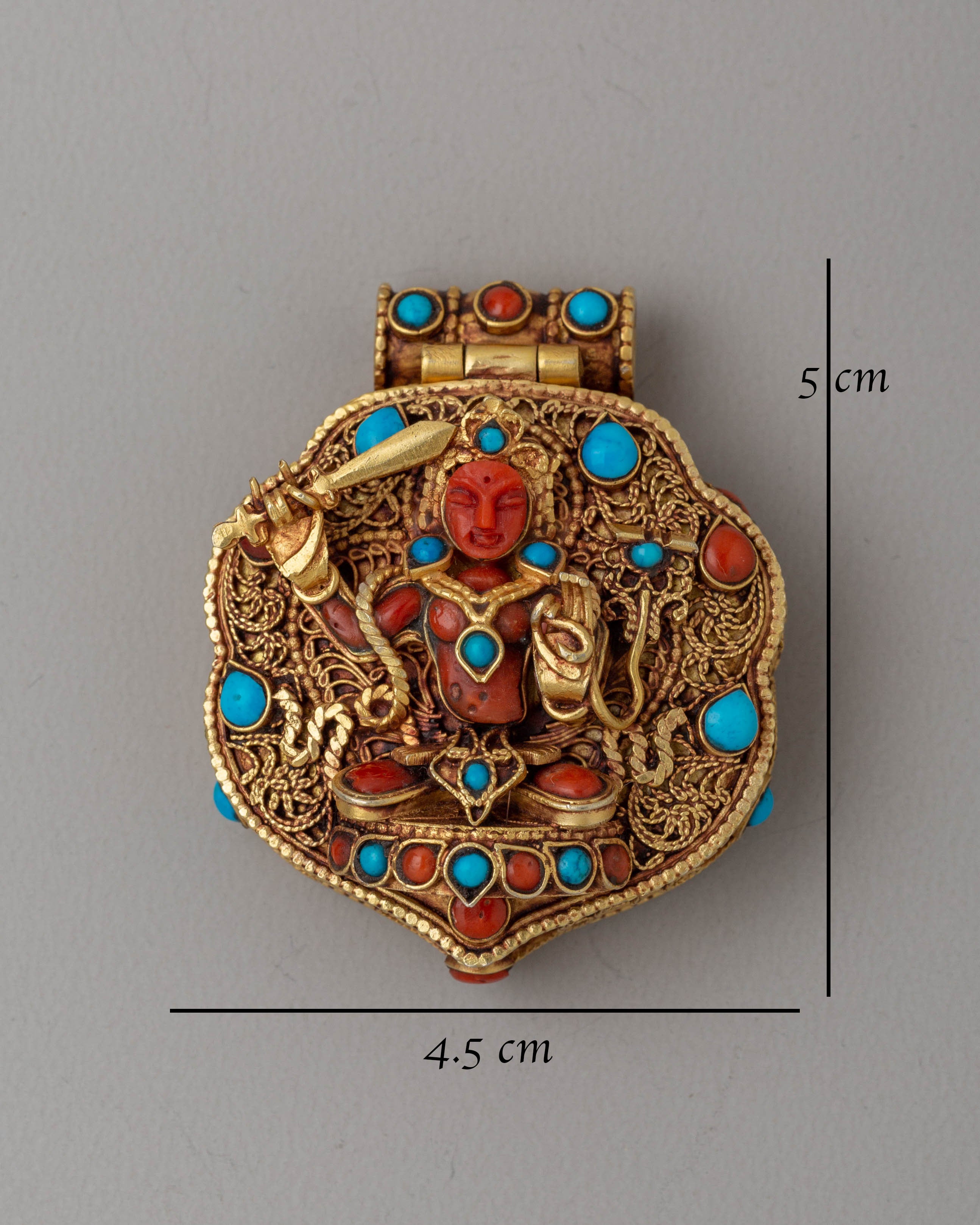 Handcrafted Manjushri Ghau Box Locket | Gold Plated with Coral & Turquoise