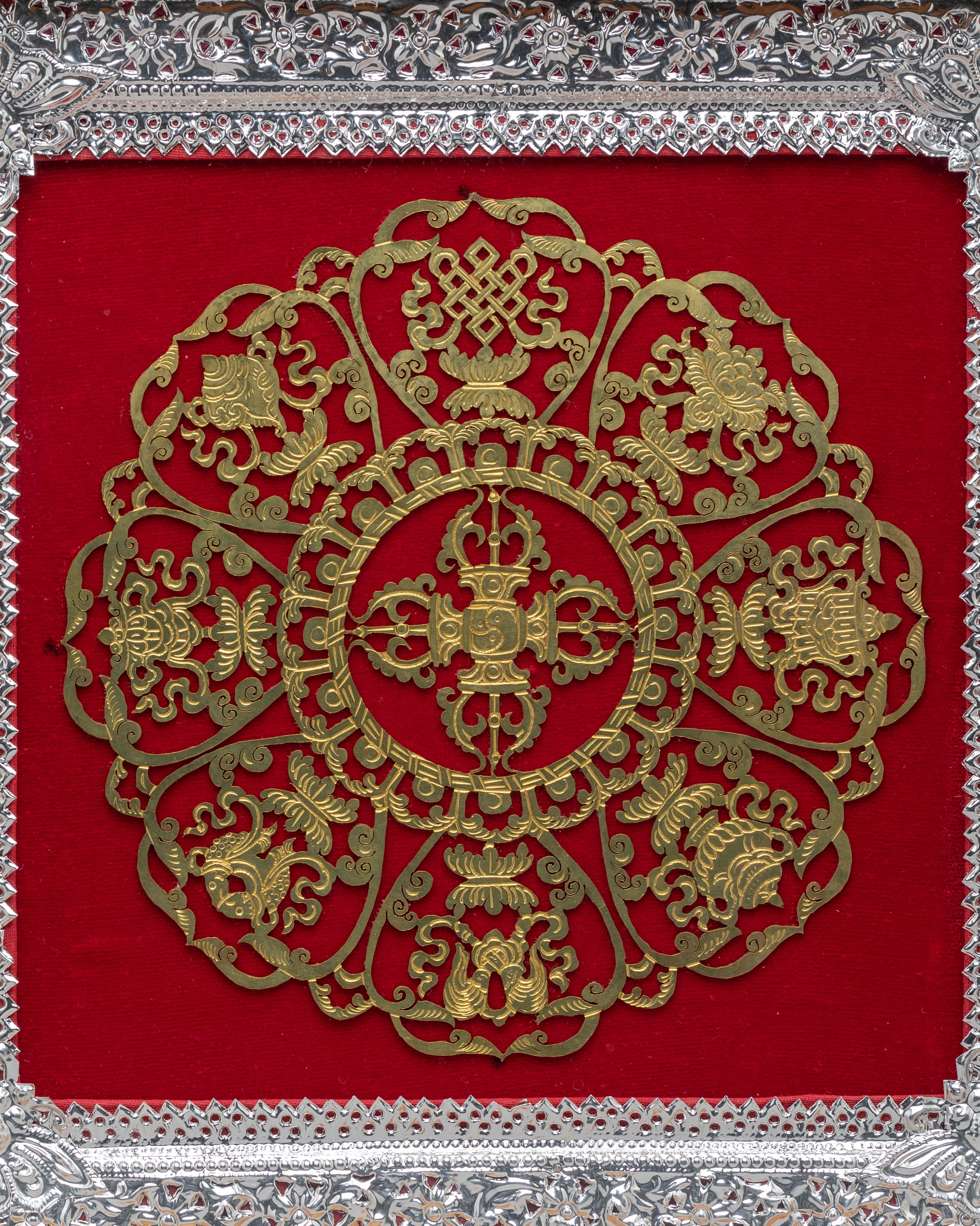 Framed Auspicious Symbol Wall Hanging | Tibetan Art with Bishwo Vajra Center