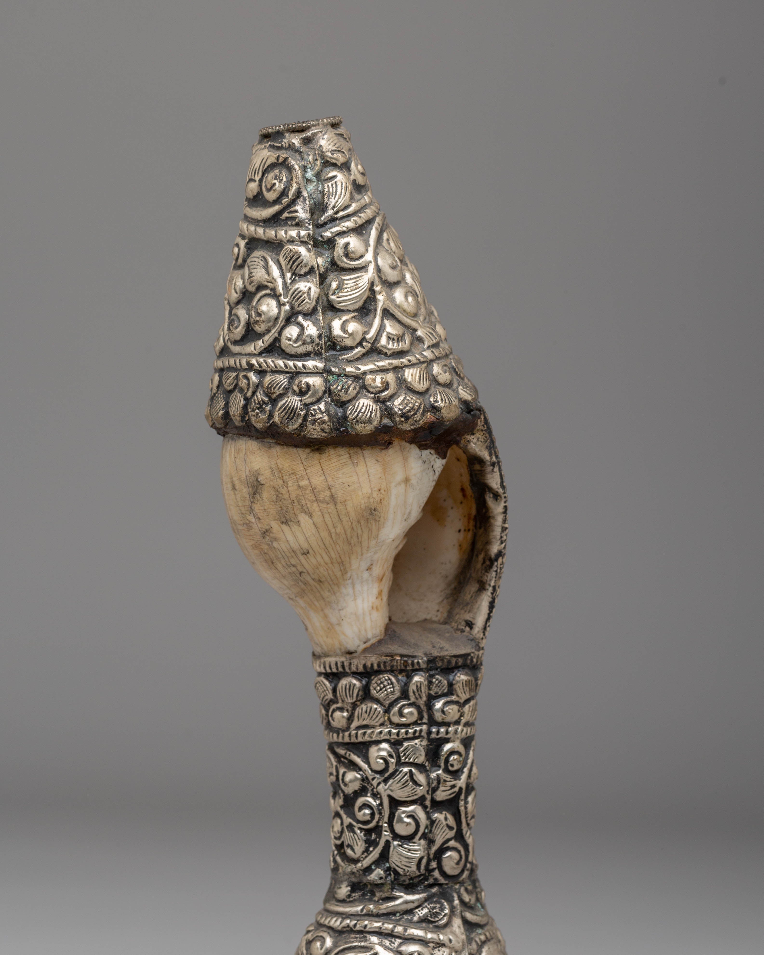 Tibetan Stamp for Rituals | Silver & Conch Shell Buddhist Ritual Object